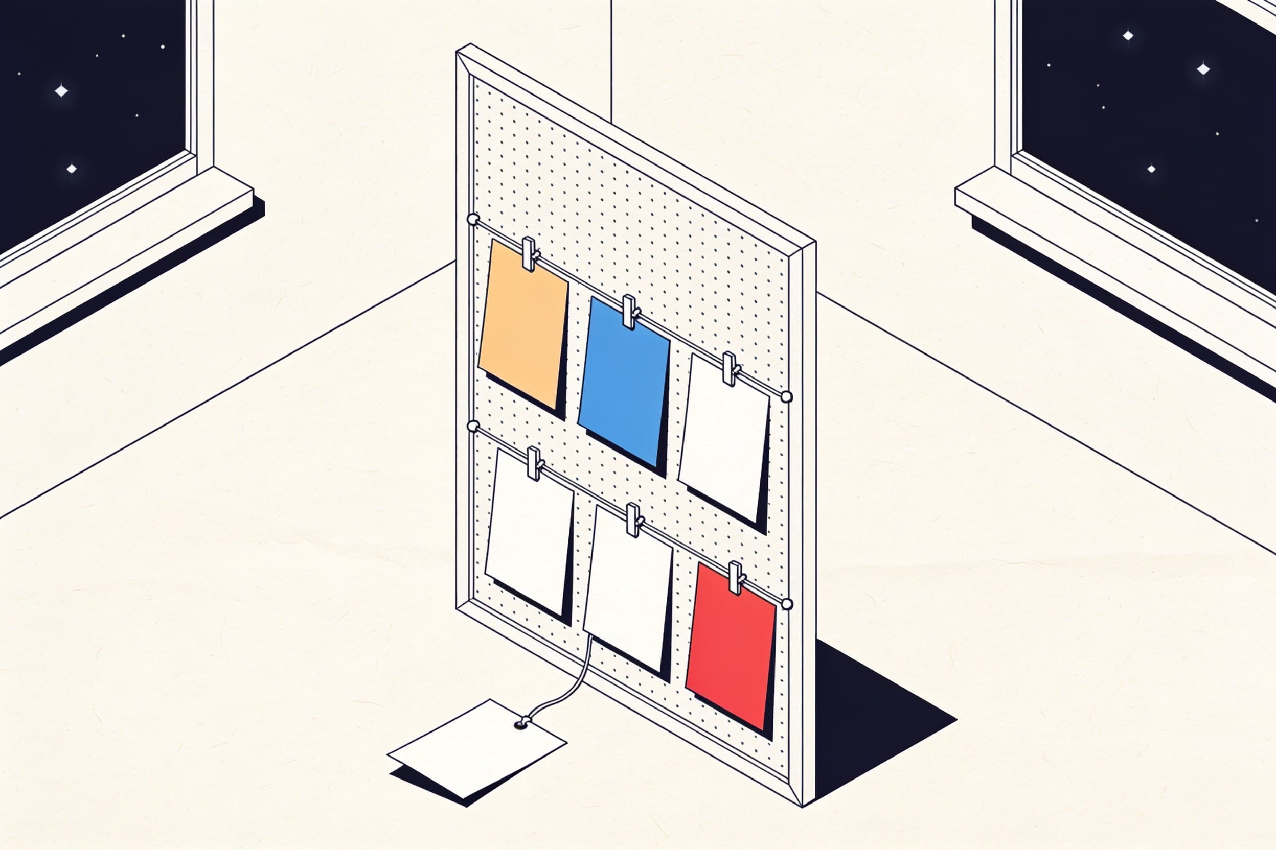 A pegboard in an isometric line drawing, hung with six cards clipped in two rows — three colored, three blank — while a seventh has come loose and lies on the floor, still tethered by its cord.