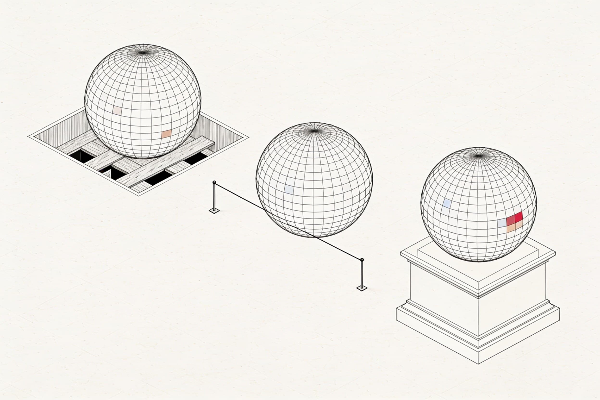 Three identical spheres in an isometric line drawing: one concealed beneath lifted floorboards, one resting against a taut tripwire, one raised on a museum plinth.