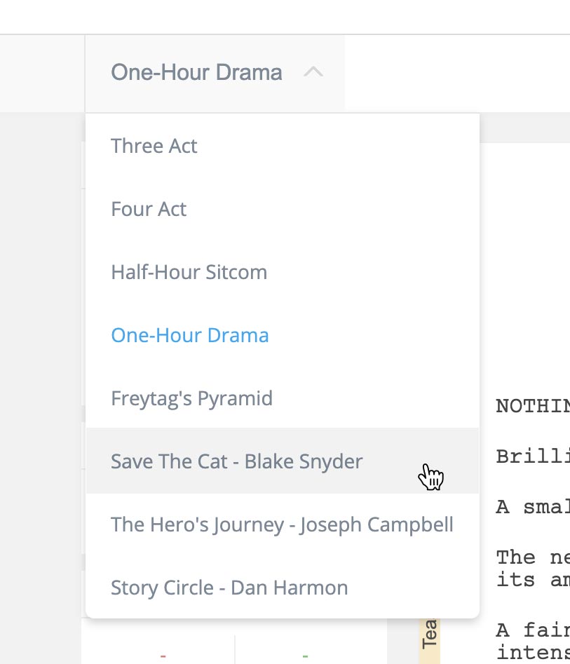 Image of user selecting an act structure in Prewrite to use for a new story.