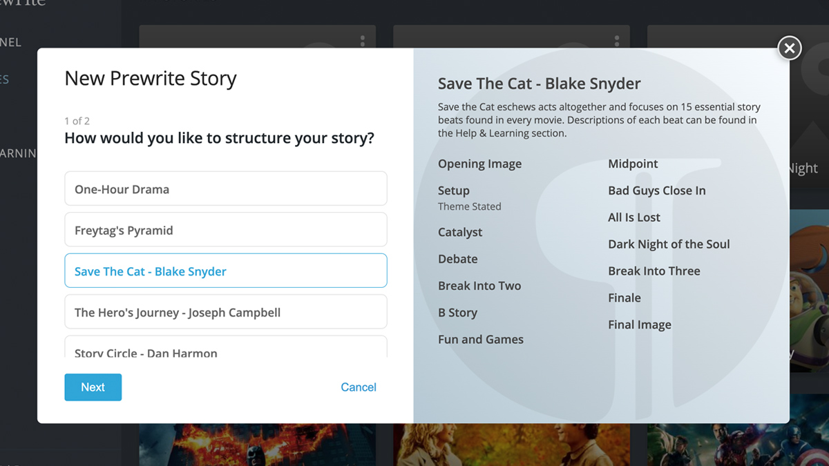 Image of user selecting an act structure in Prewrite to use for a new story.