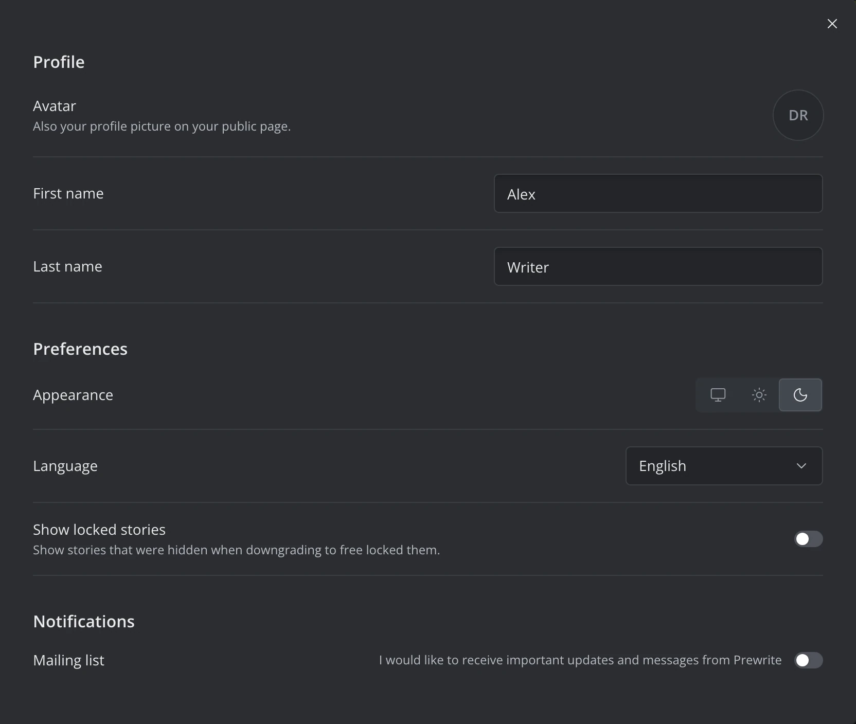Settings on its General category: the avatar, first and last name, Appearance, Language, Show locked stories and the mailing list switch