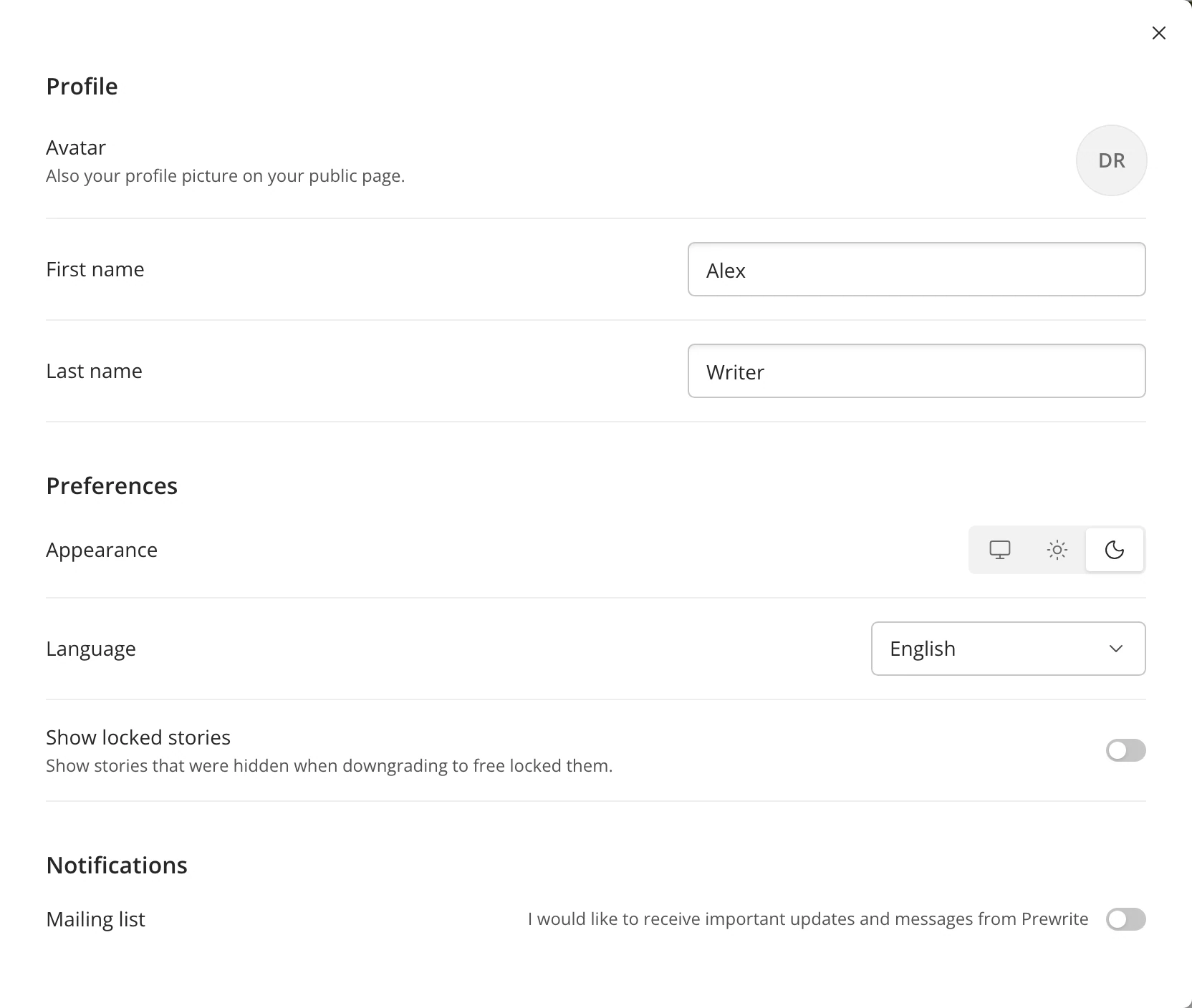 Settings on its General category: the avatar, first and last name, Appearance, Language, Show locked stories and the mailing list switch