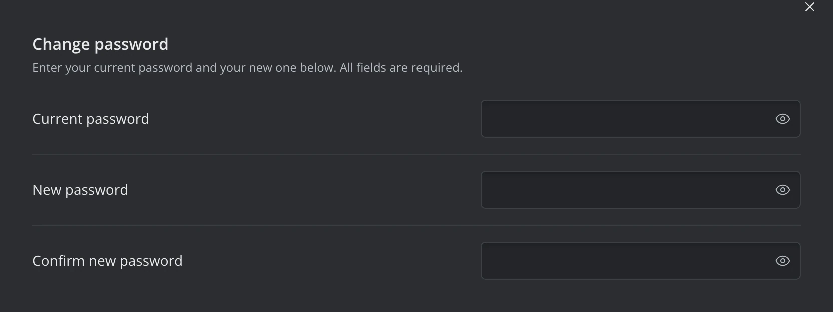 Settings on its Password category: Current password, New password and Confirm new password