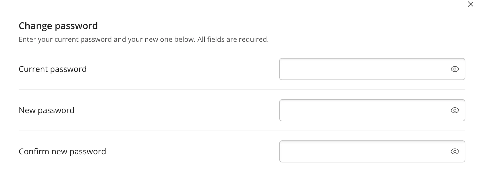 Settings on its Password category: Current password, New password and Confirm new password