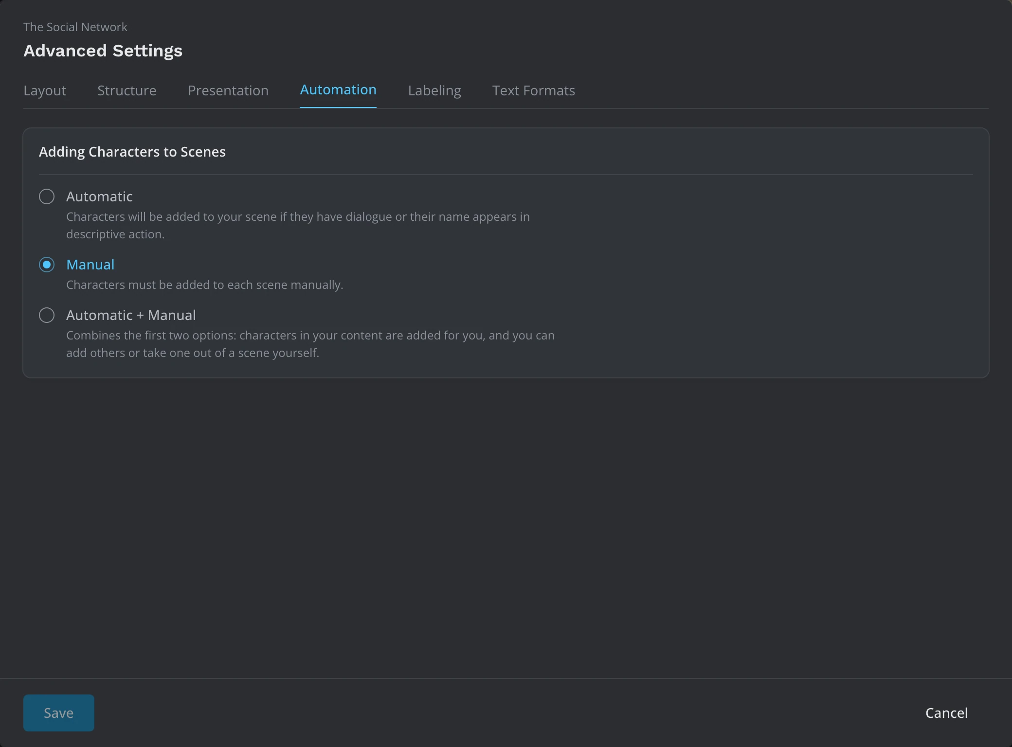 The Automation tab with the Automatic, Manual and Automatic + Manual options