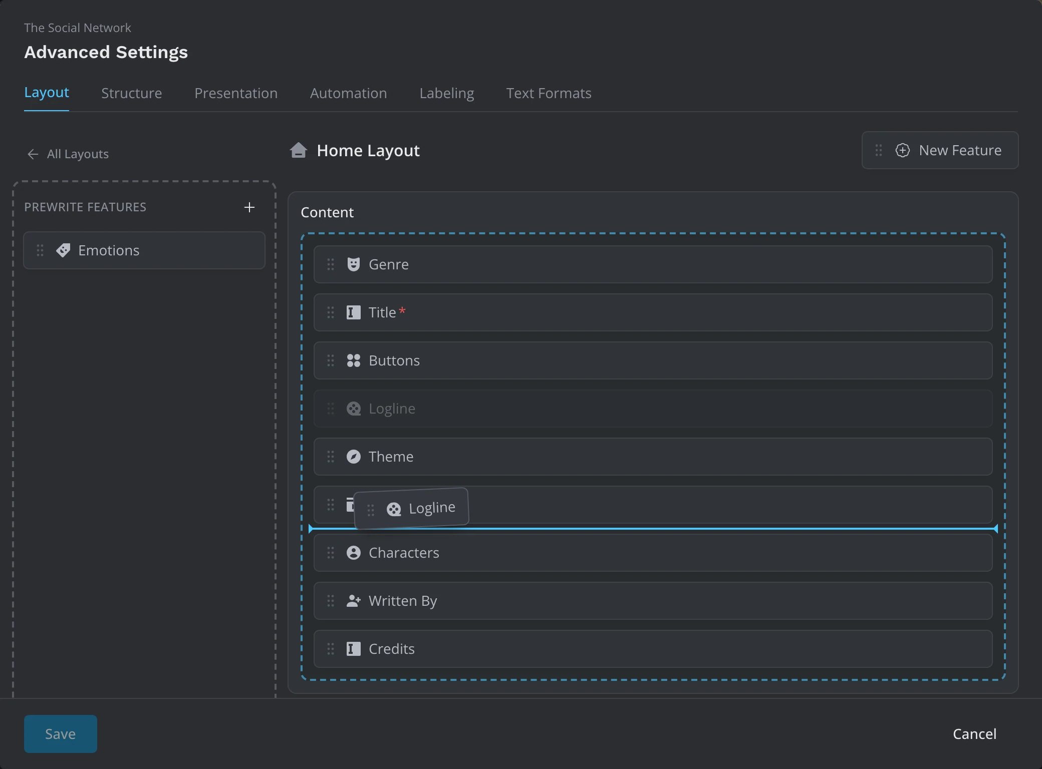 The Home layout: the Prewrite Features list on the left, and its Content section on the right with the Logline feature being dragged to a new place