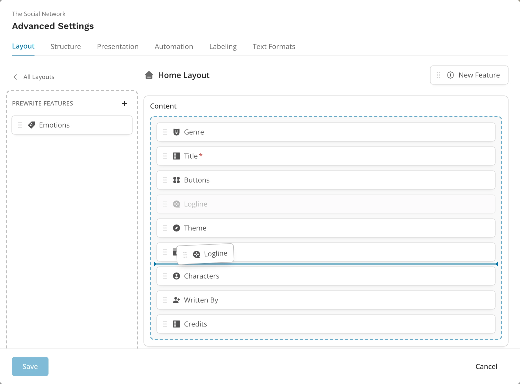 The Home layout: the Prewrite Features list on the left, and its Content section on the right with the Logline feature being dragged to a new place