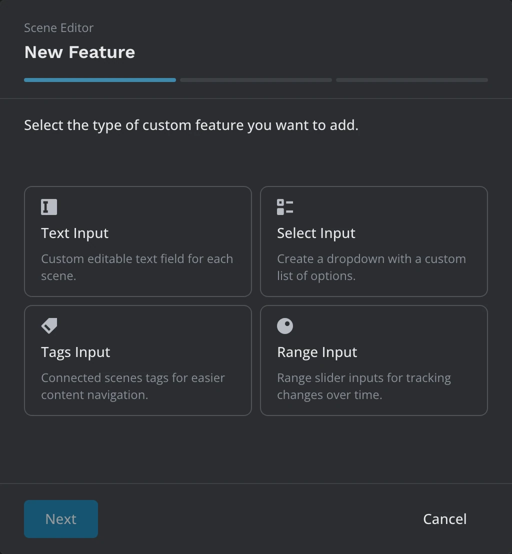 The New Feature window, asking which type of custom feature to add