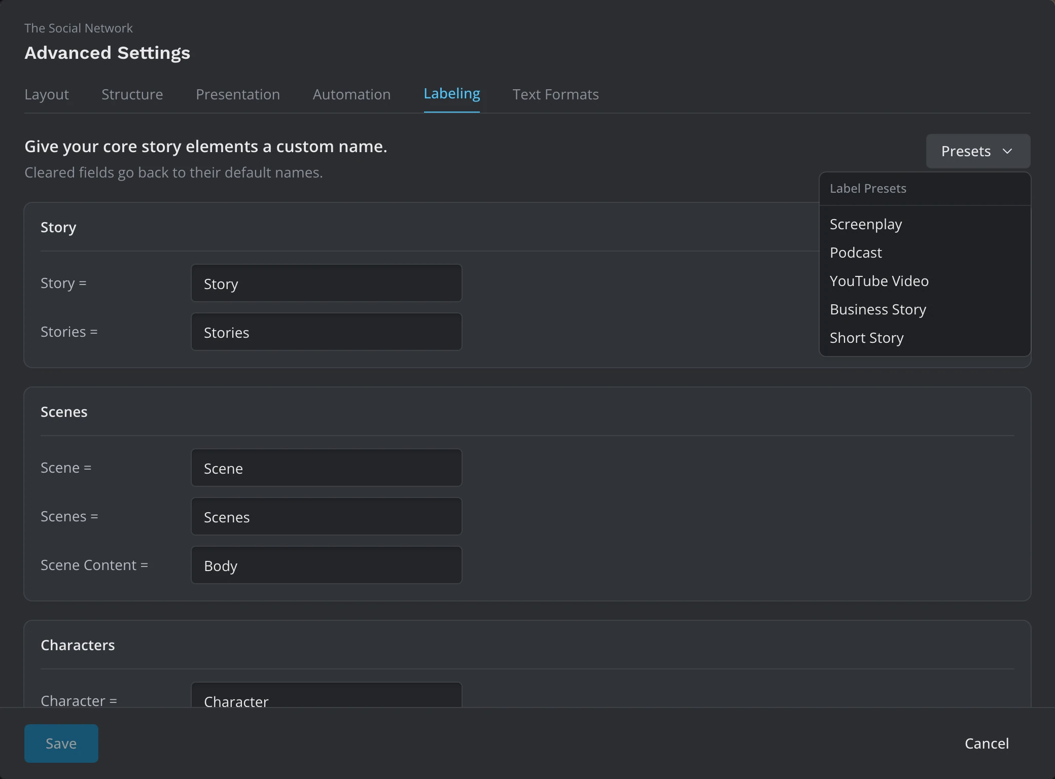 The Labeling tab with the Presets menu open: Screenplay, Podcast, YouTube Video, Business Story and Short Story