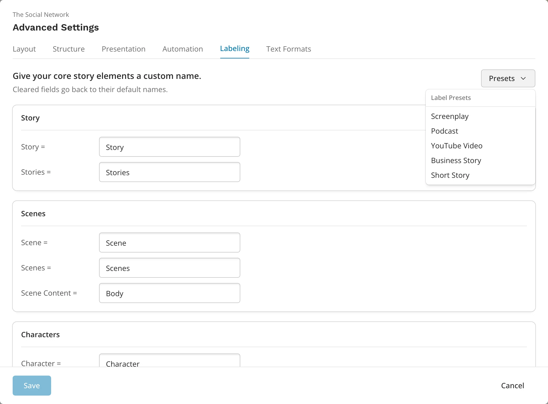 The Labeling tab with the Presets menu open: Screenplay, Podcast, YouTube Video, Business Story and Short Story