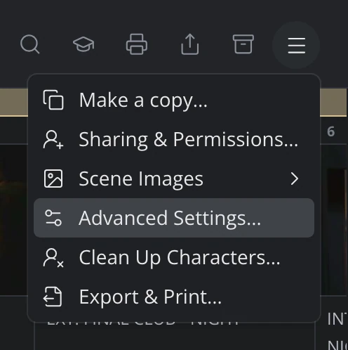 The story's Menu open, with Advanced Settings… under Sharing & Permissions… and Scene Images