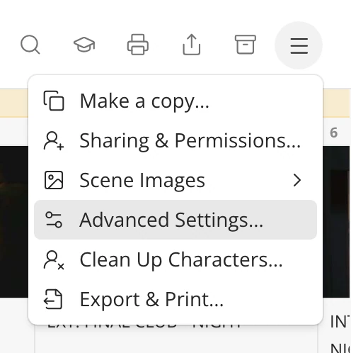 The story's Menu open, with Advanced Settings… under Sharing & Permissions… and Scene Images