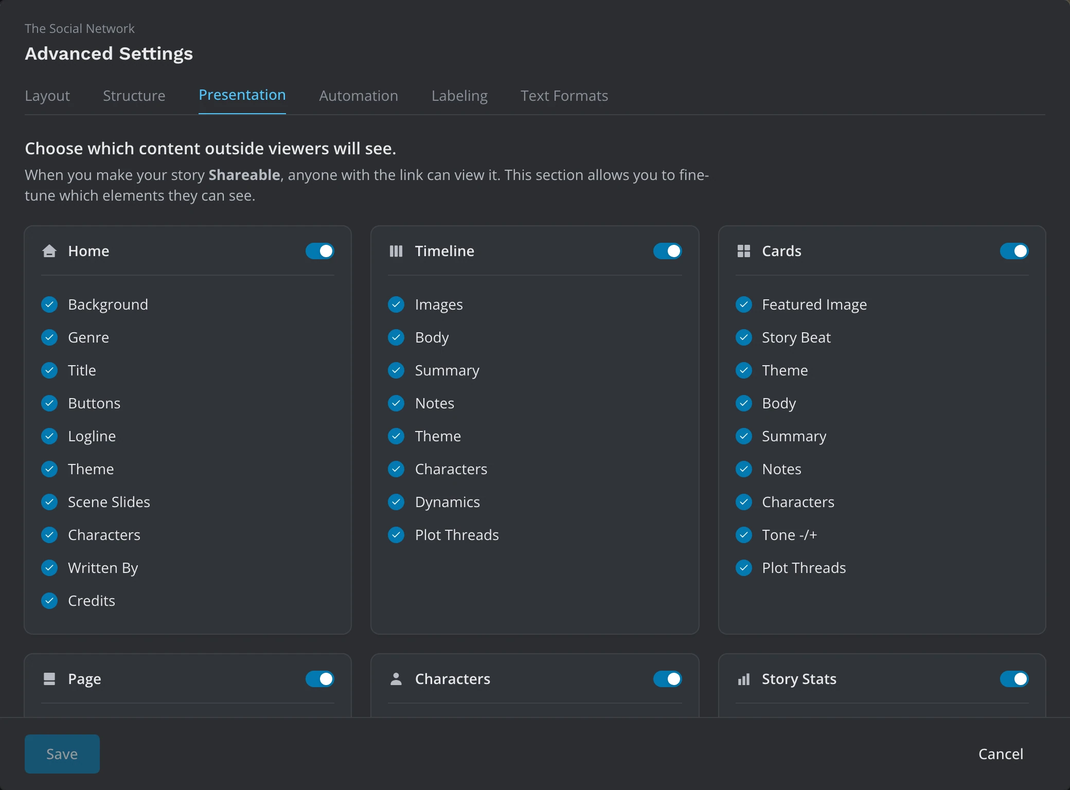 The Presentation tab: a card for each view with a switch, and checkmarks for the view's features