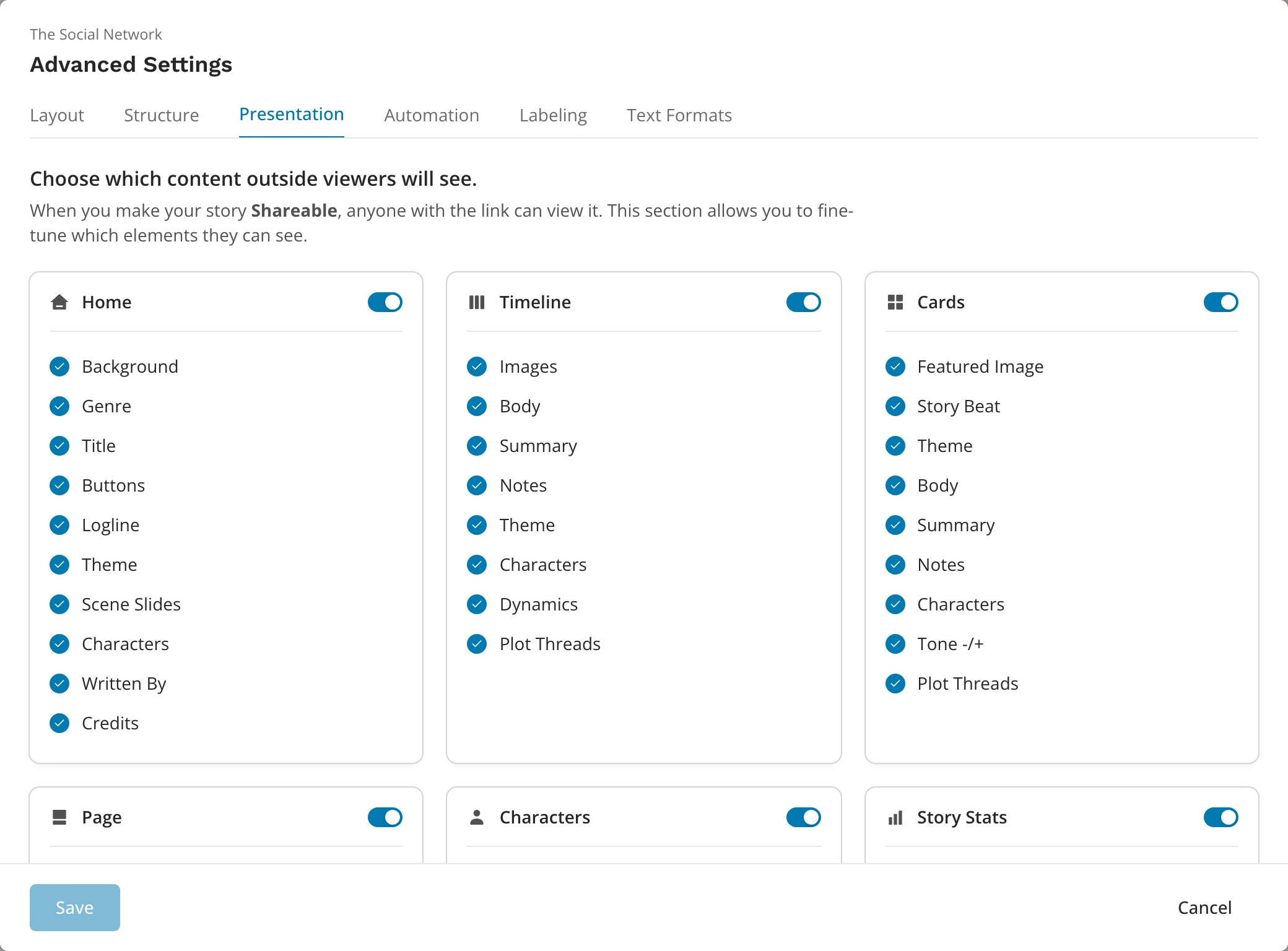 The Presentation tab: a card for each view with a switch, and checkmarks for the view's features