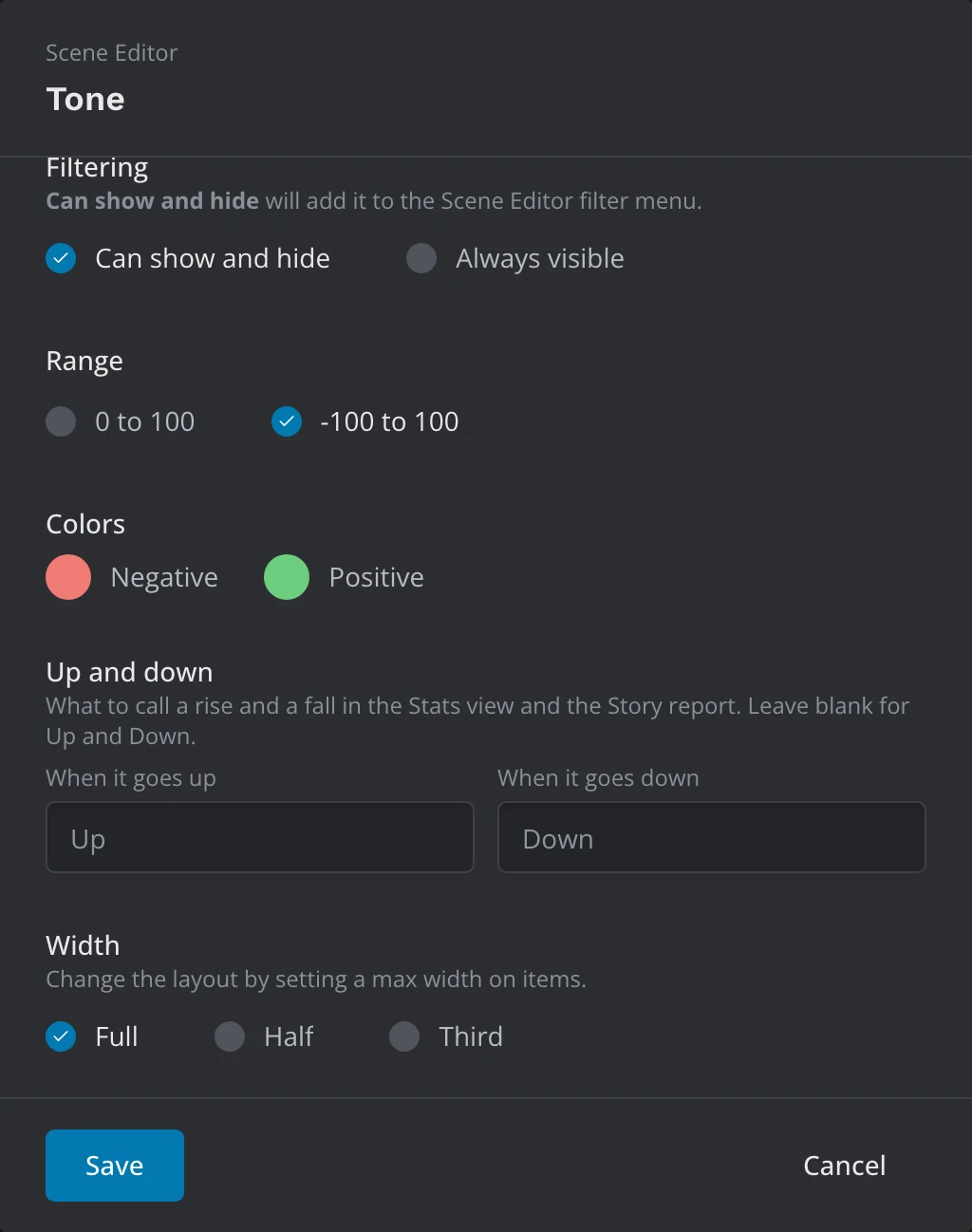 Tone -/+ in its settings window: Range, Colors, and Up and down with its two name fields