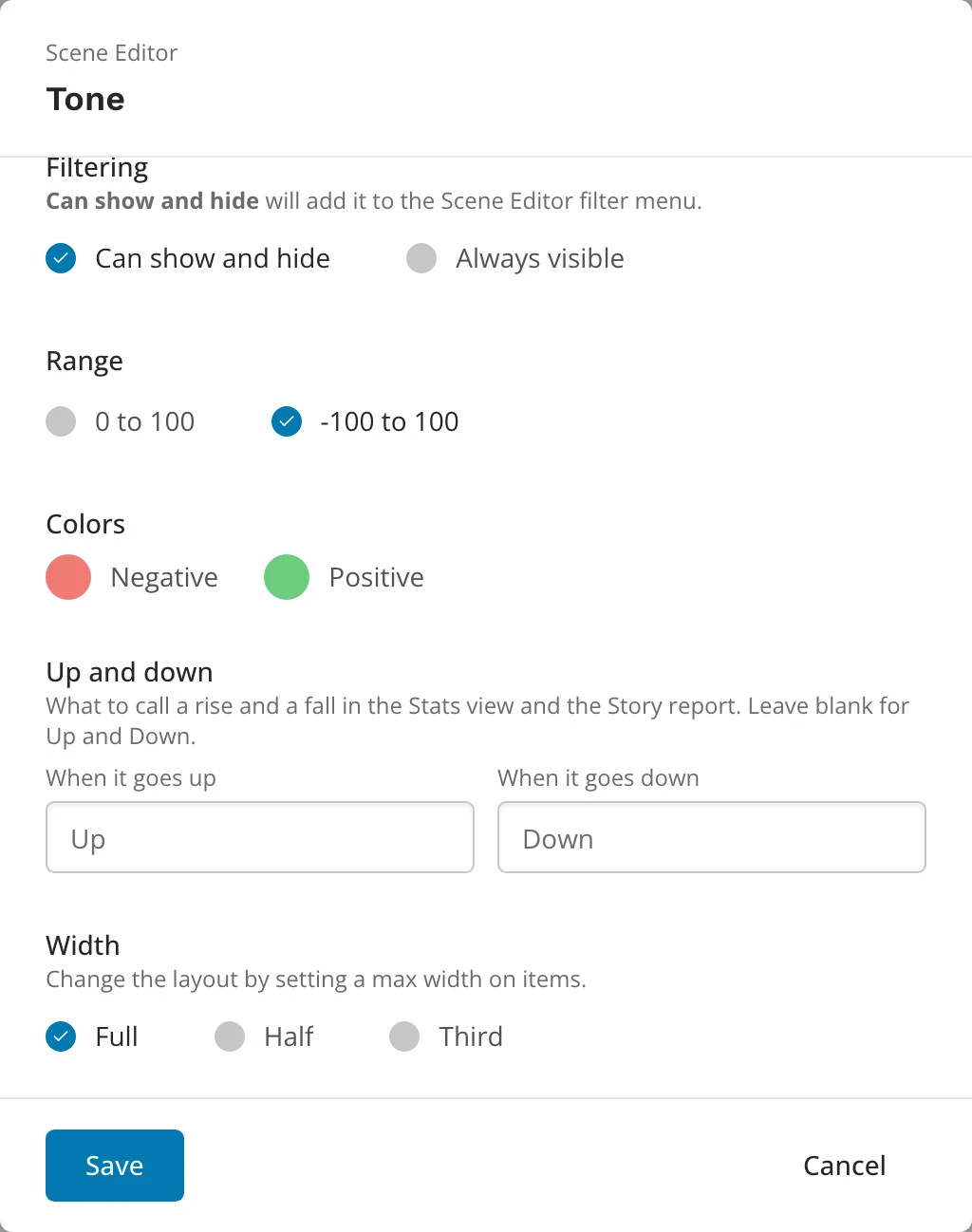 Tone -/+ in its settings window: Range, Colors, and Up and down with its two name fields