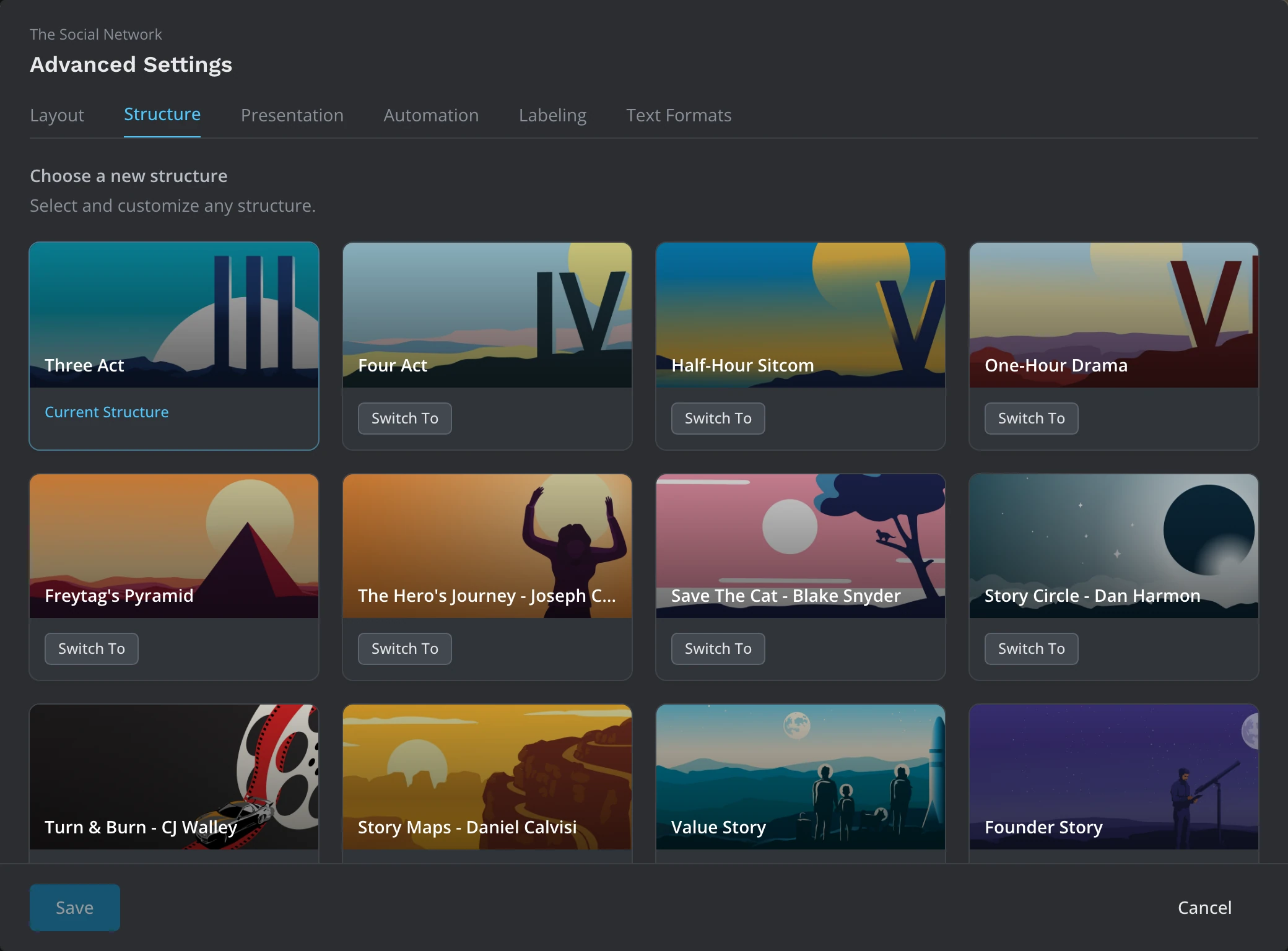The Structure tab's list of structures, the current one marked Current Structure and the others with Switch To