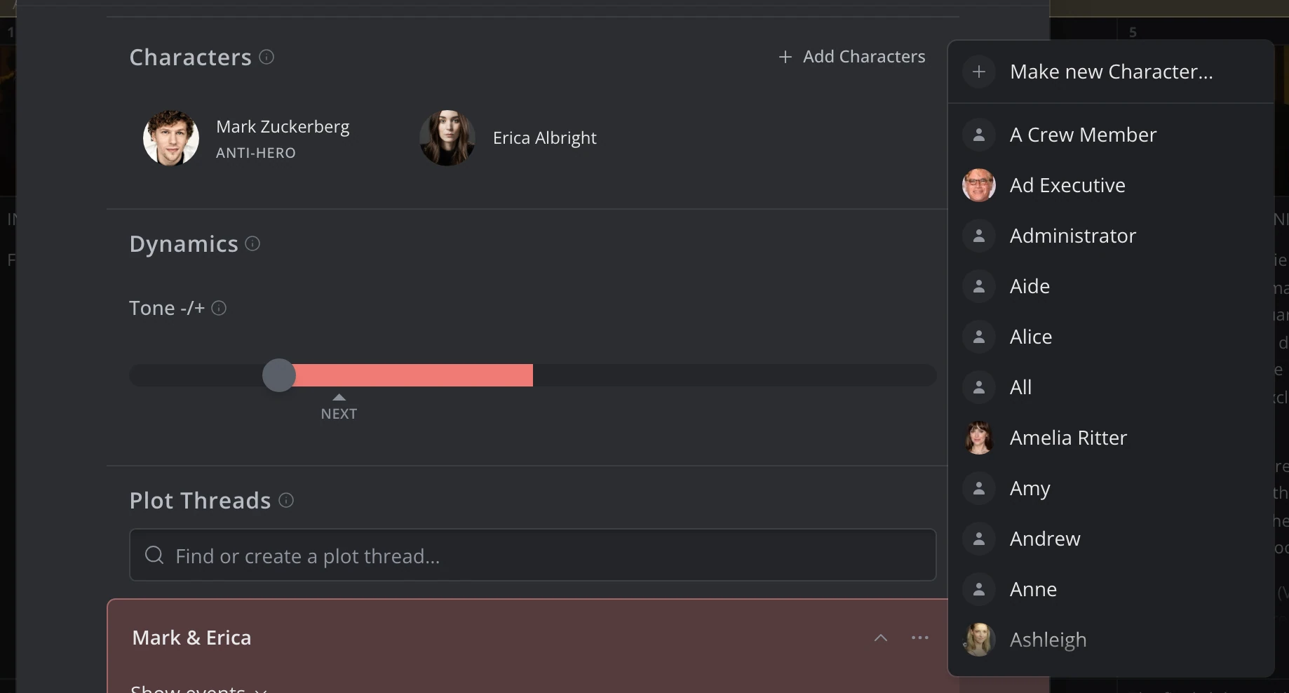 The Characters section of a scene with its Add Characters menu open: Make new Character above the list of the story's characters