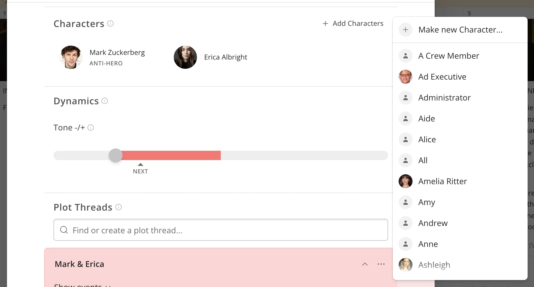 The Characters section of a scene with its Add Characters menu open: Make new Character above the list of the story's characters