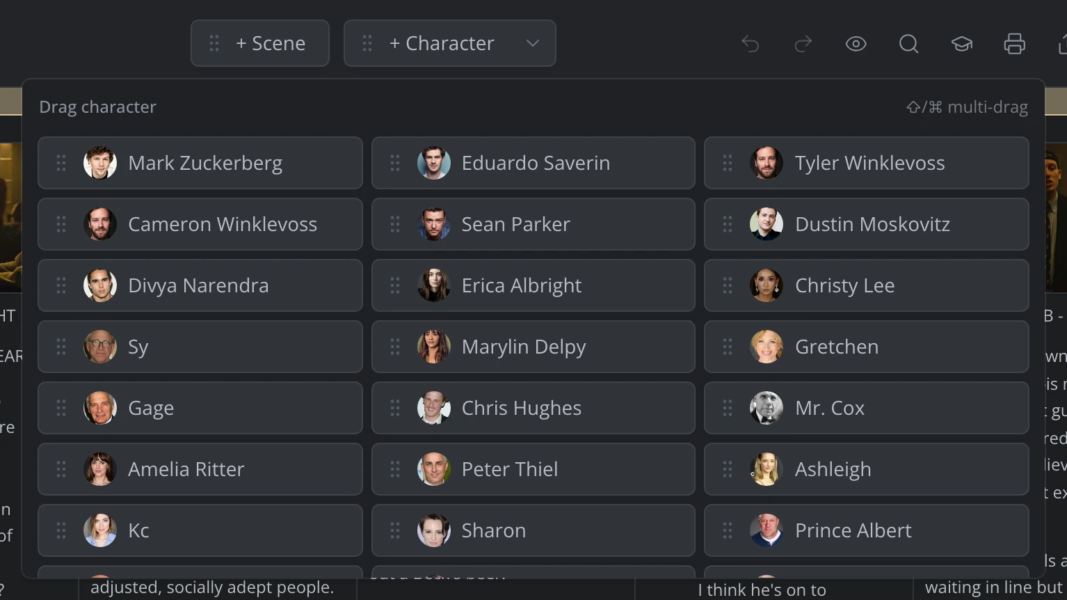 The + Character chip's menu open under the header, showing the story's characters to drag