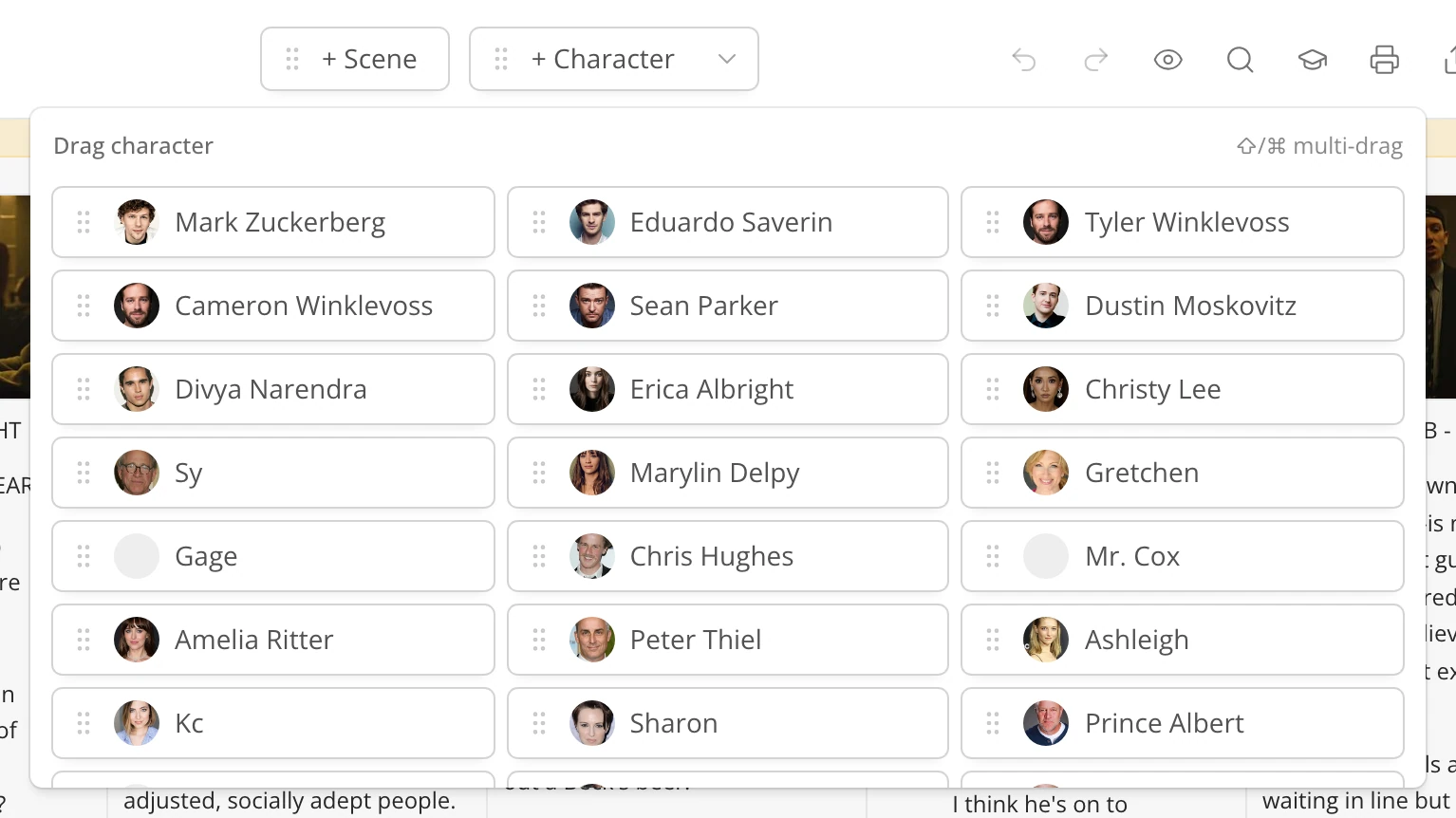 The + Character chip's menu open under the header, showing the story's characters to drag