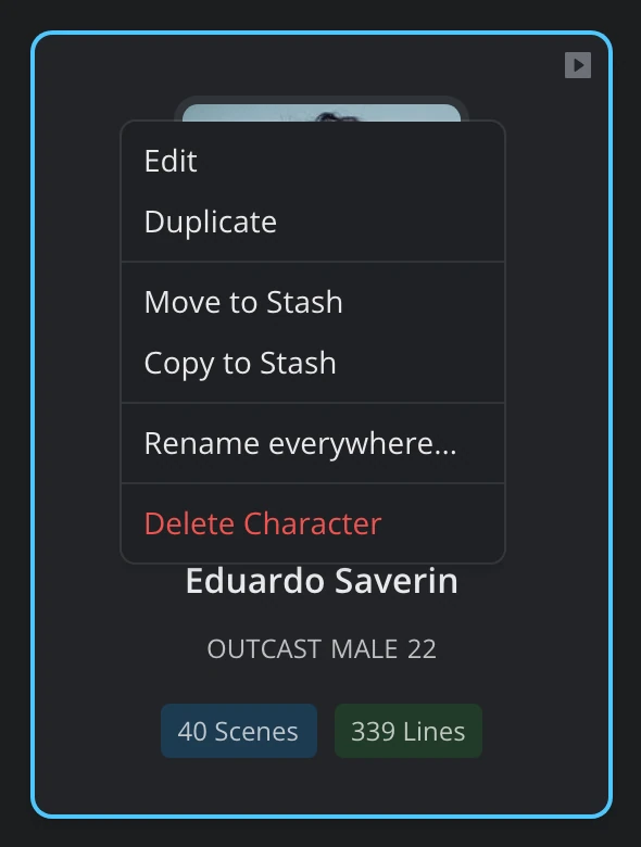 The right-click menu on a character card: Edit, Duplicate, Move to Stash, Copy to Stash, Rename everywhere and Delete Character