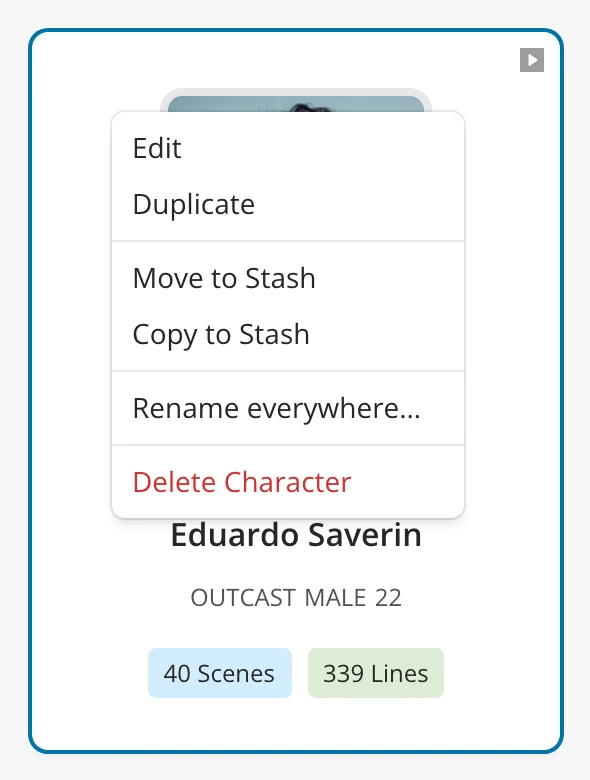 The right-click menu on a character card: Edit, Duplicate, Move to Stash, Copy to Stash, Rename everywhere and Delete Character