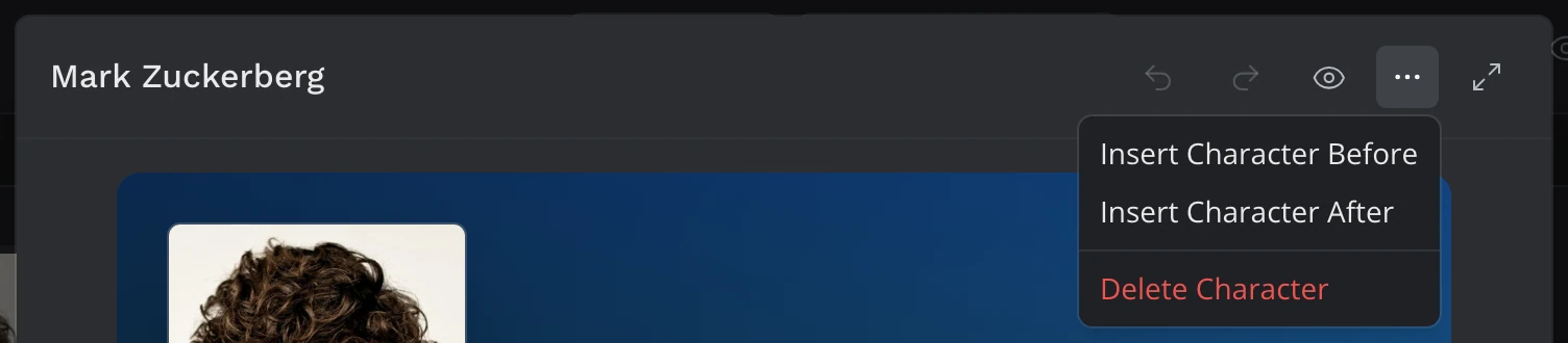 A character's Edit Window with its menu open: Insert Character Before, Insert Character After and Delete Character