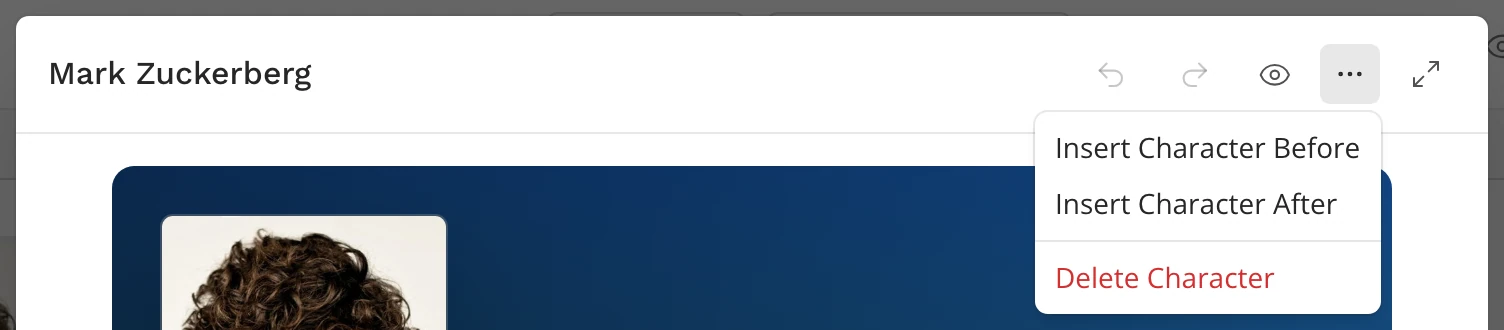 A character's Edit Window with its menu open: Insert Character Before, Insert Character After and Delete Character