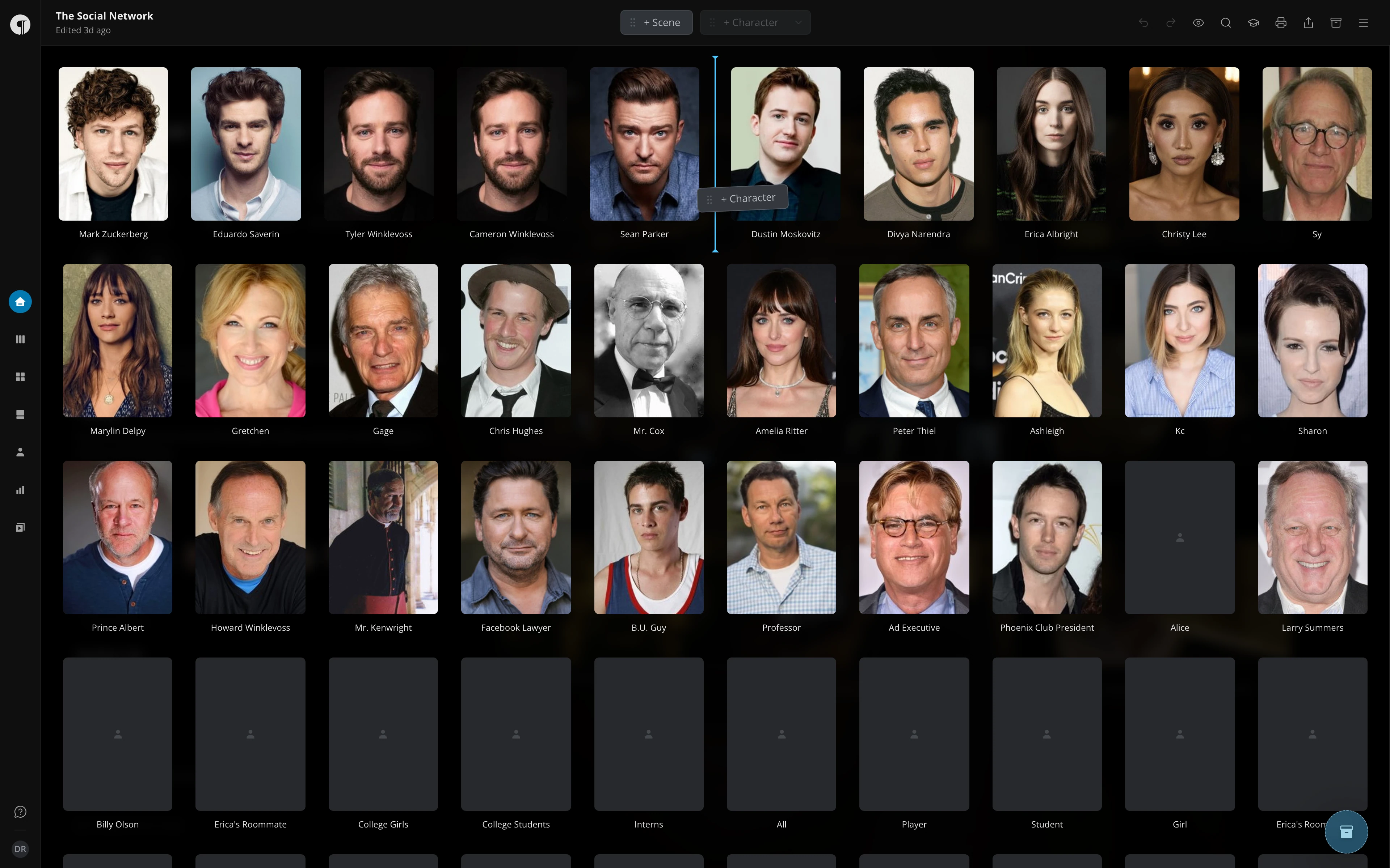 Dragging the + Character chip in the Home view, with the list of the story's characters open and a line showing where it will land