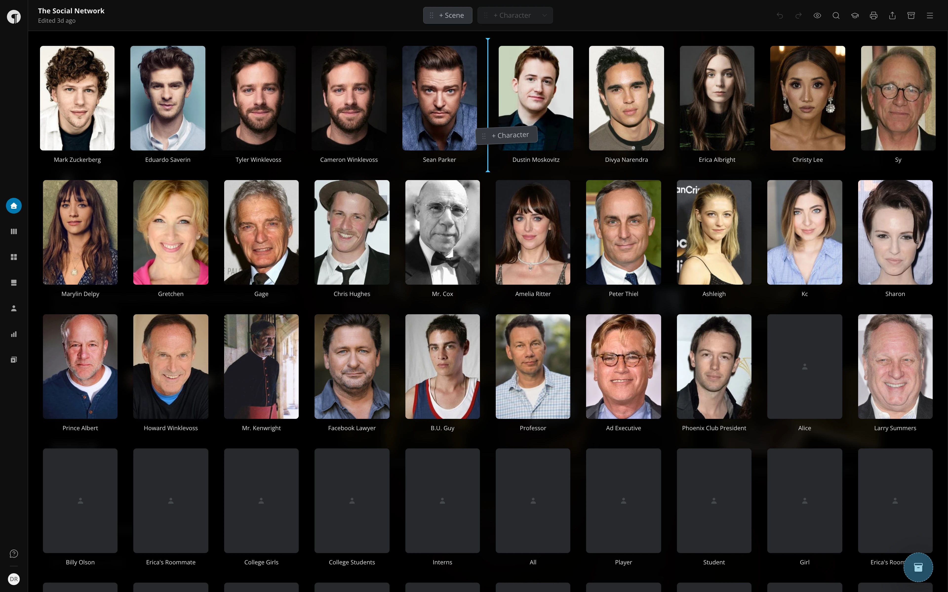Dragging the + Character chip in the Home view, with the list of the story's characters open and a line showing where it will land