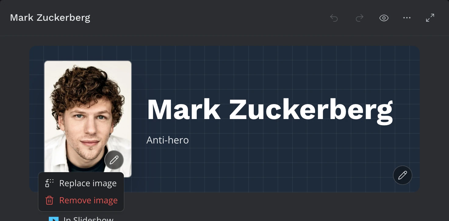 The top of a character's Edit Window, with the headshot card's pencil menu open: Replace image and Remove image