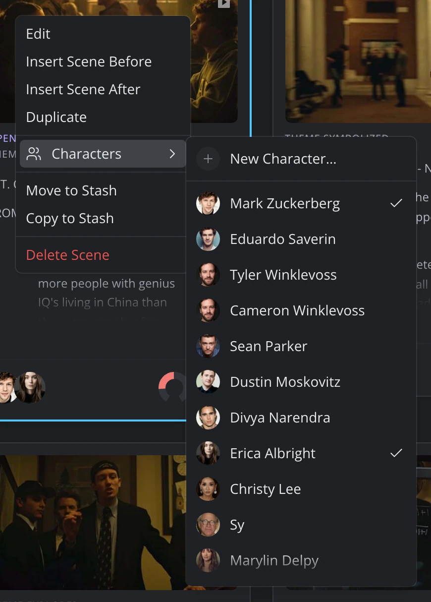A scene's right-click menu with its Characters submenu open: New Character at the top, then each character with its picture, the ones in the scene ticked