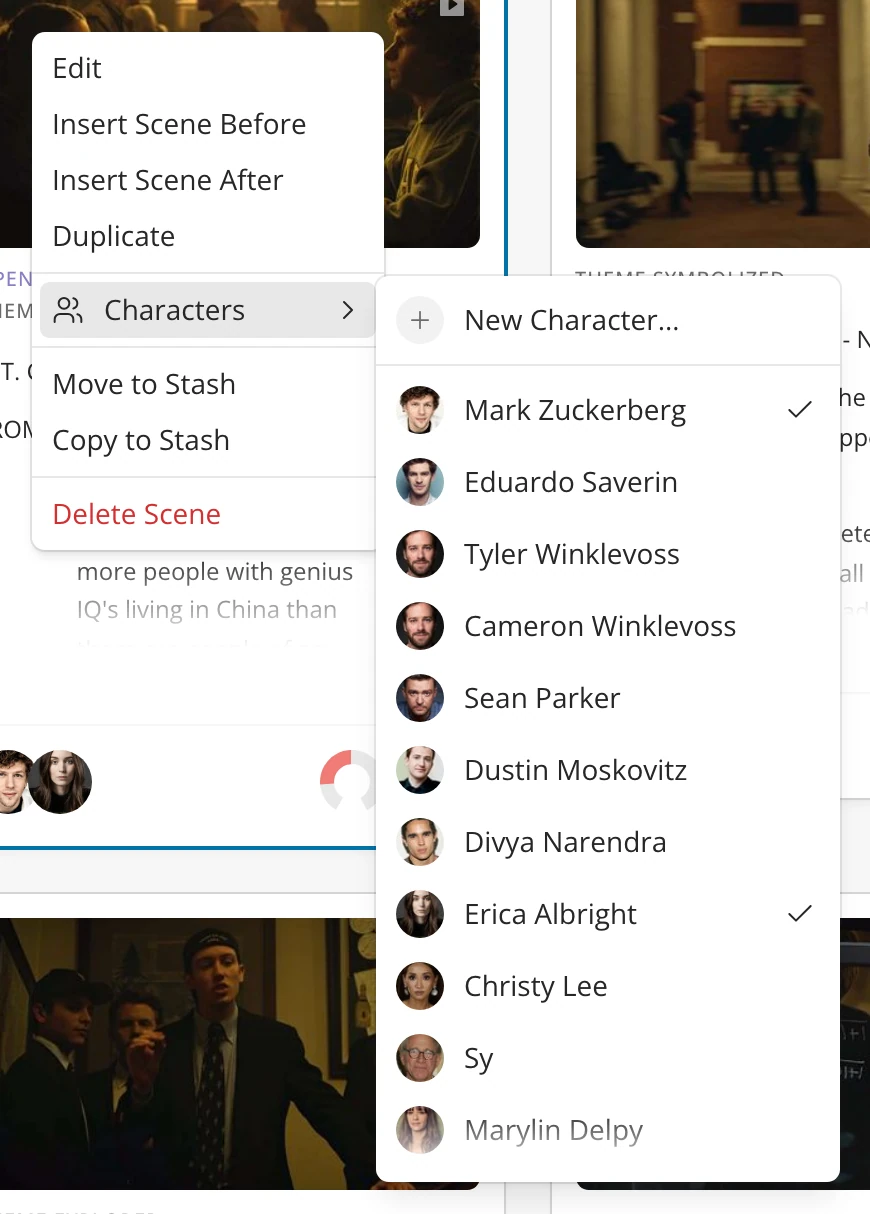 A scene's right-click menu with its Characters submenu open: New Character at the top, then each character with its picture, the ones in the scene ticked