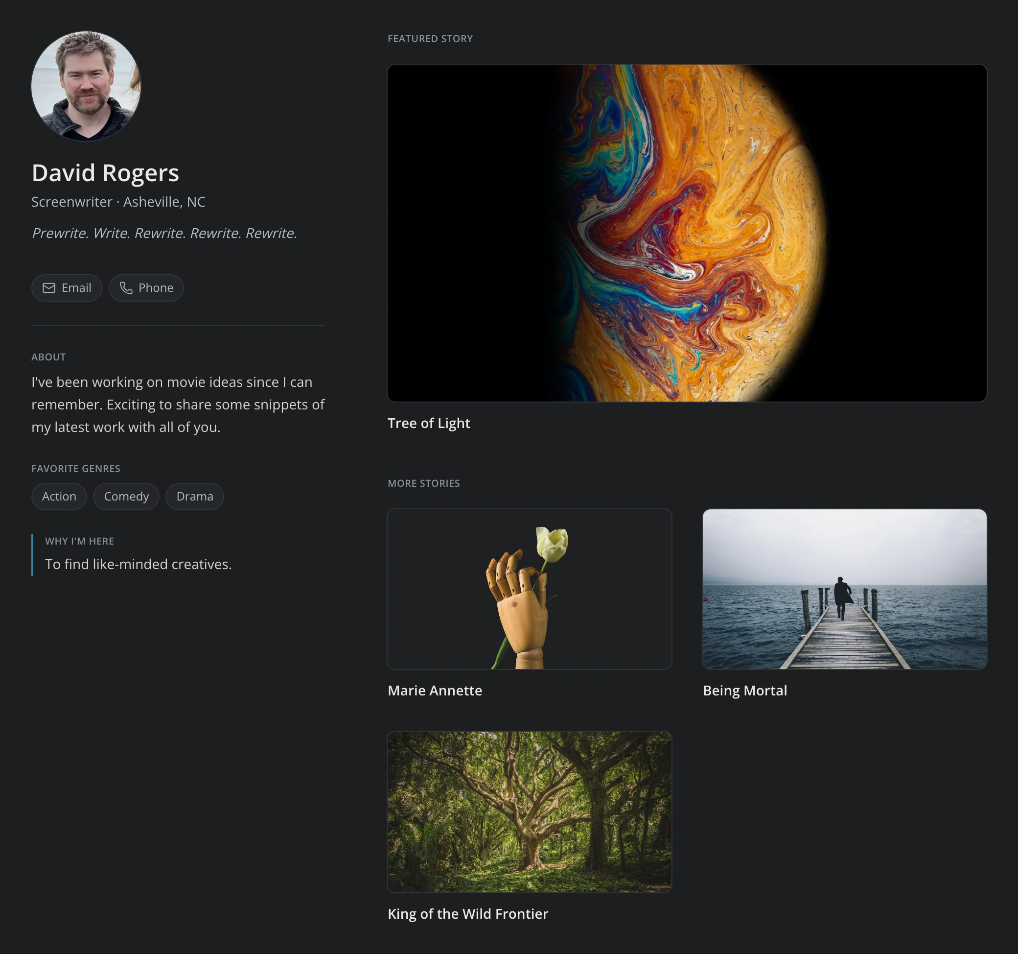 A profile page as visitors see it: the writer's picture, name, title, tagline, links and About on the left, the featured story and more stories on the right