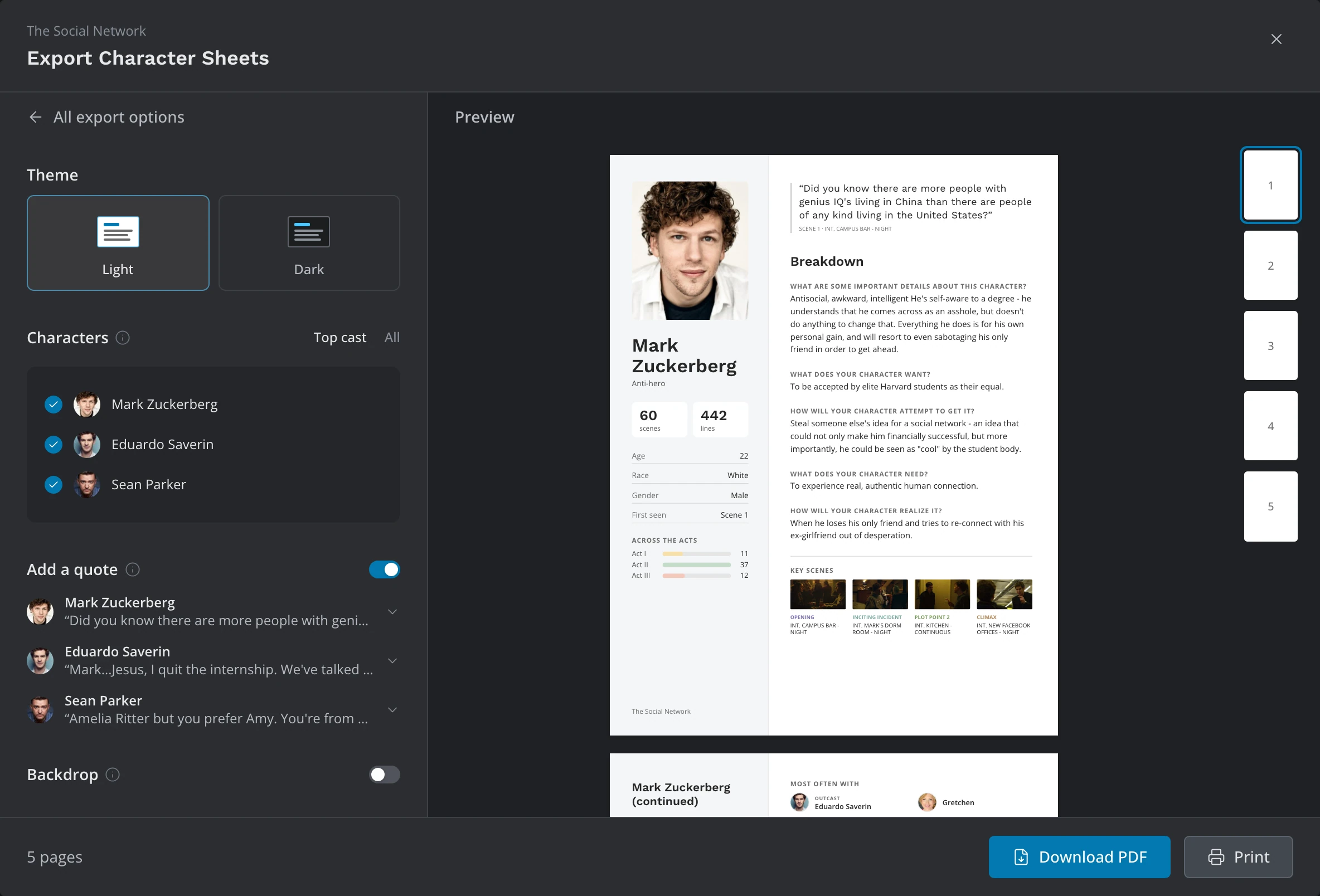 The Character Sheets card: Theme and the Characters list on the left, Mark Zuckerberg's sheet in the preview