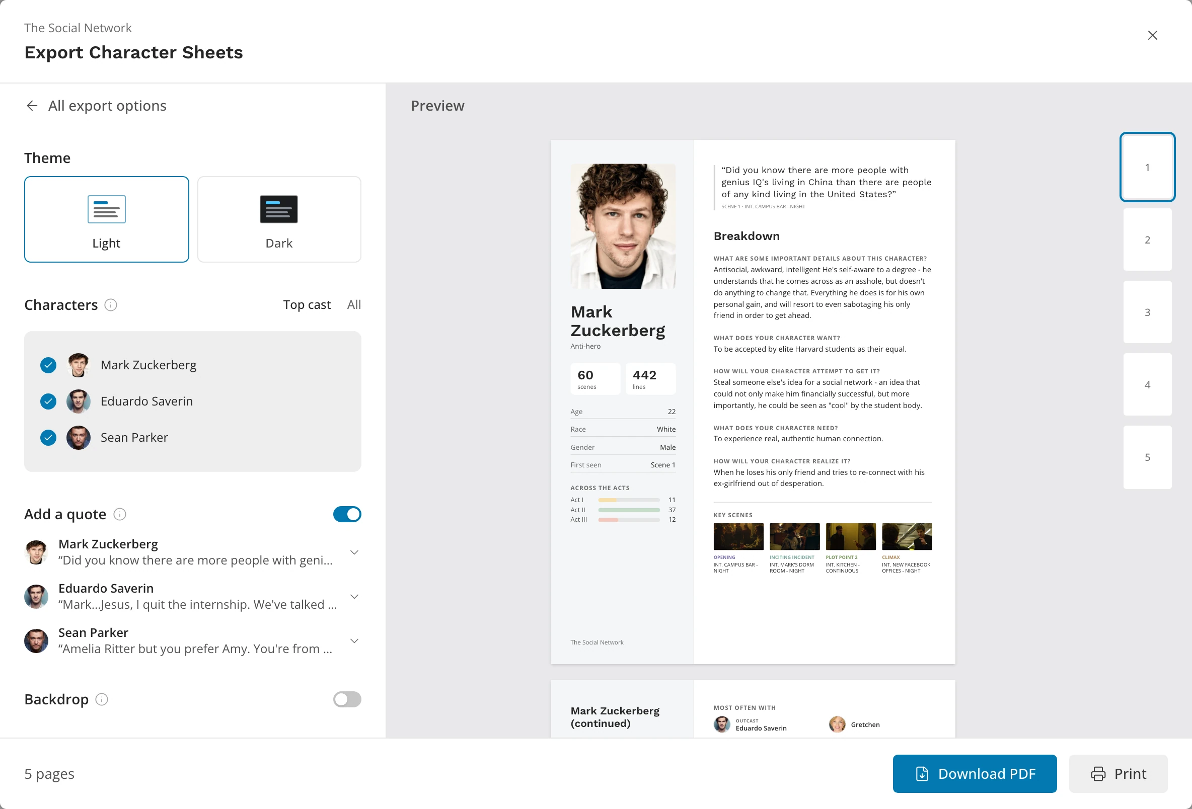 The Character Sheets card: Theme and the Characters list on the left, Mark Zuckerberg's sheet in the preview