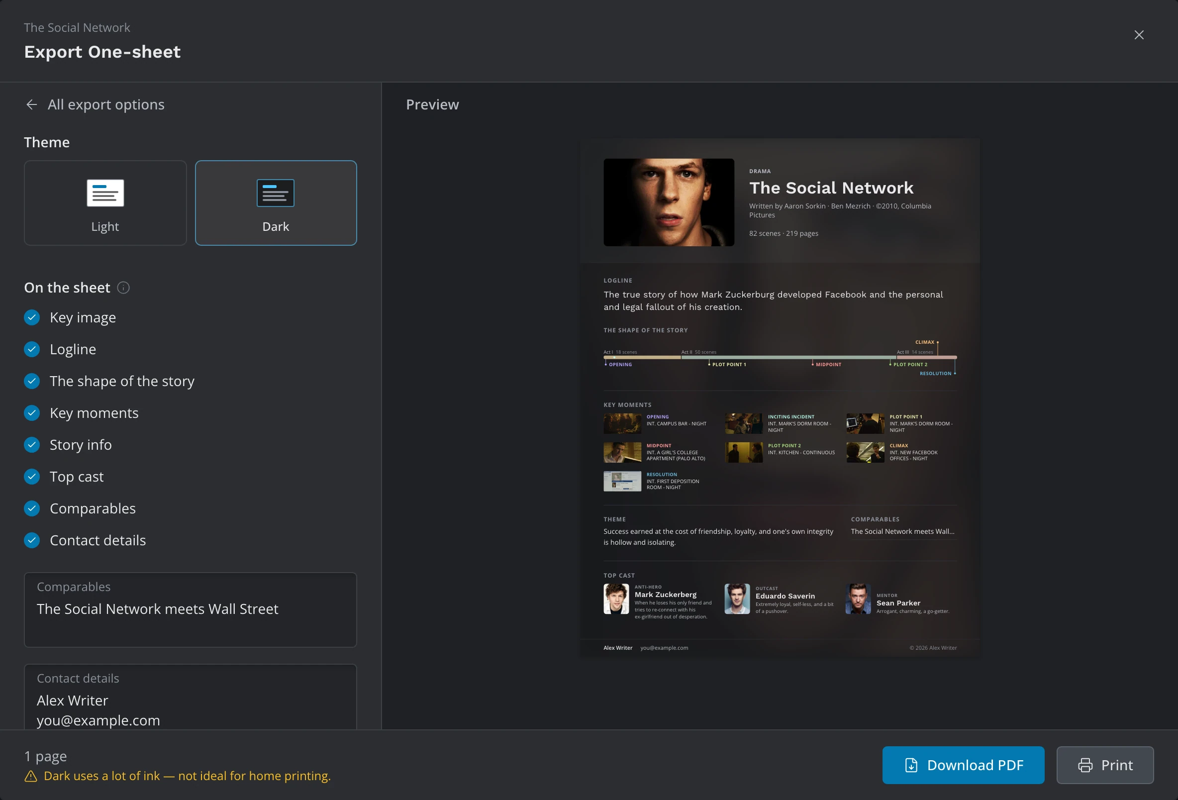 The One-sheet card: Theme and the On the sheet checkboxes on the left, the one-page sheet in the preview, and the ink warning in the bar