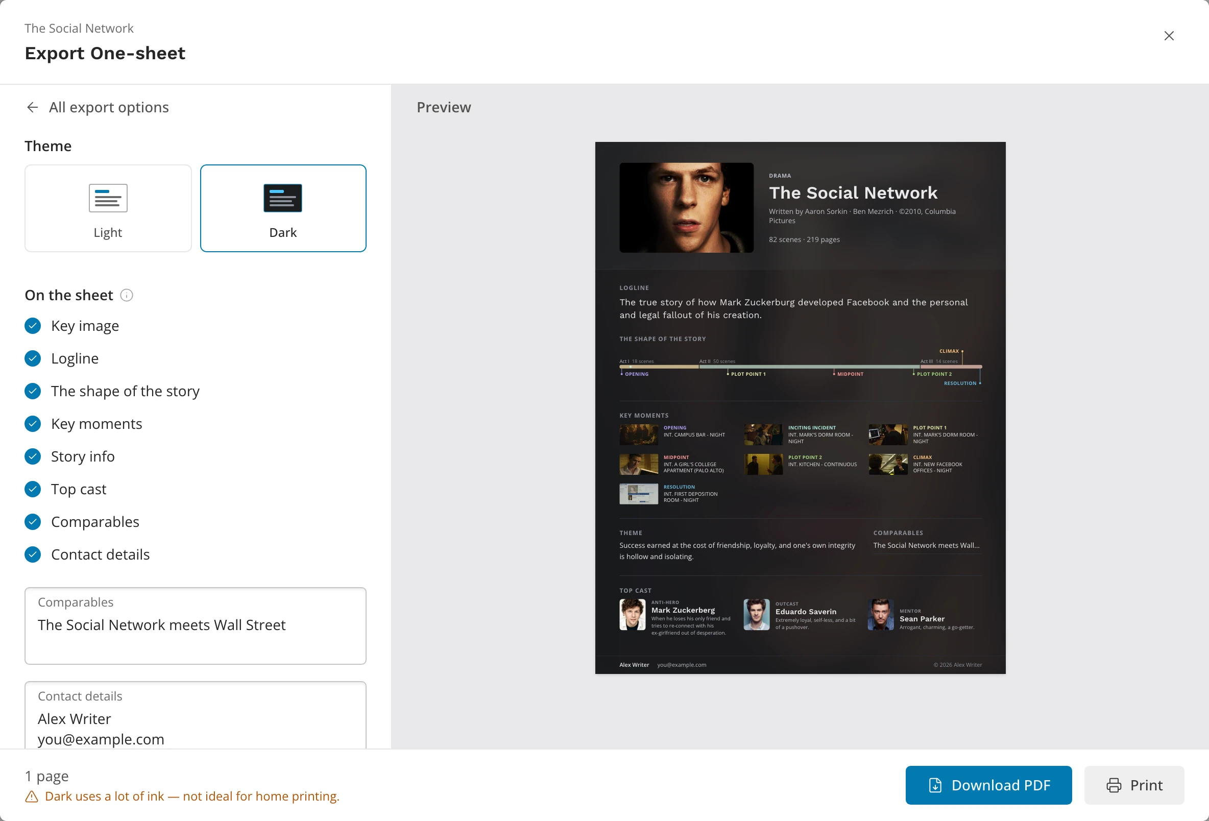 The One-sheet card: Theme and the On the sheet checkboxes on the left, the one-page sheet in the preview, and the ink warning in the bar