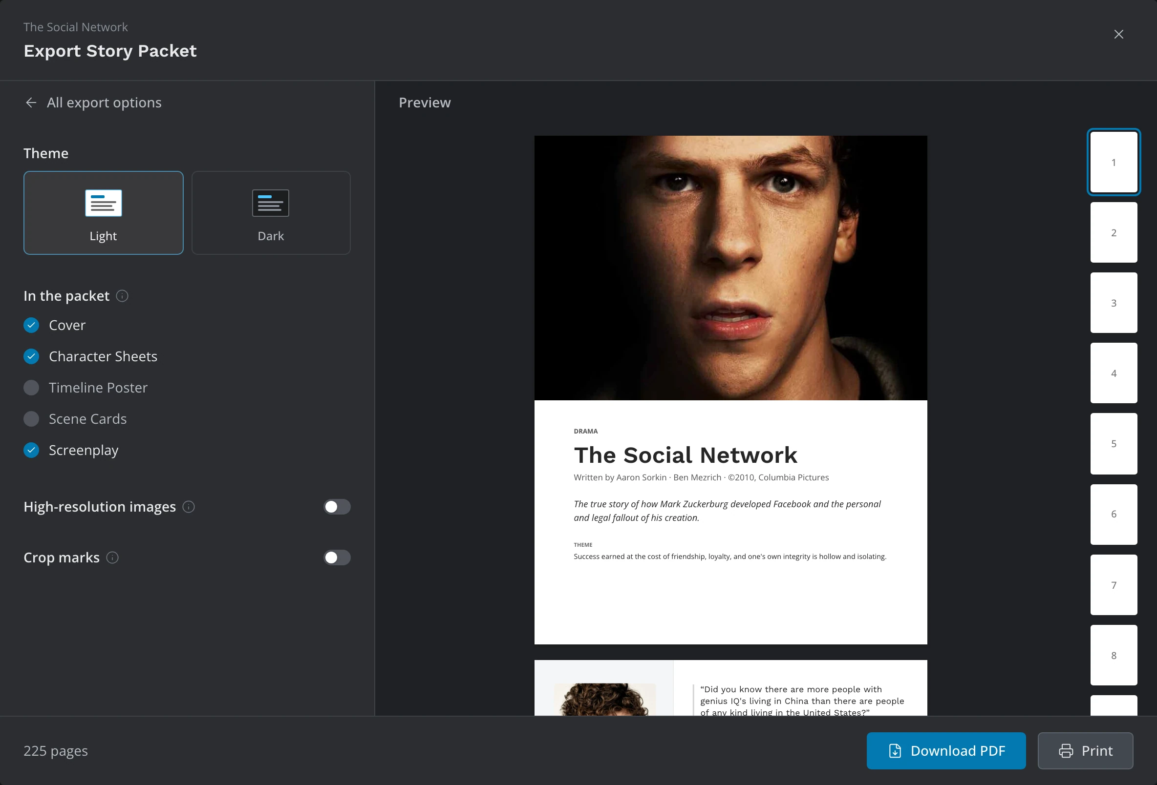 The Story Packet card: In the packet and Timeline and cards format on the left, the packet's cover in the preview
