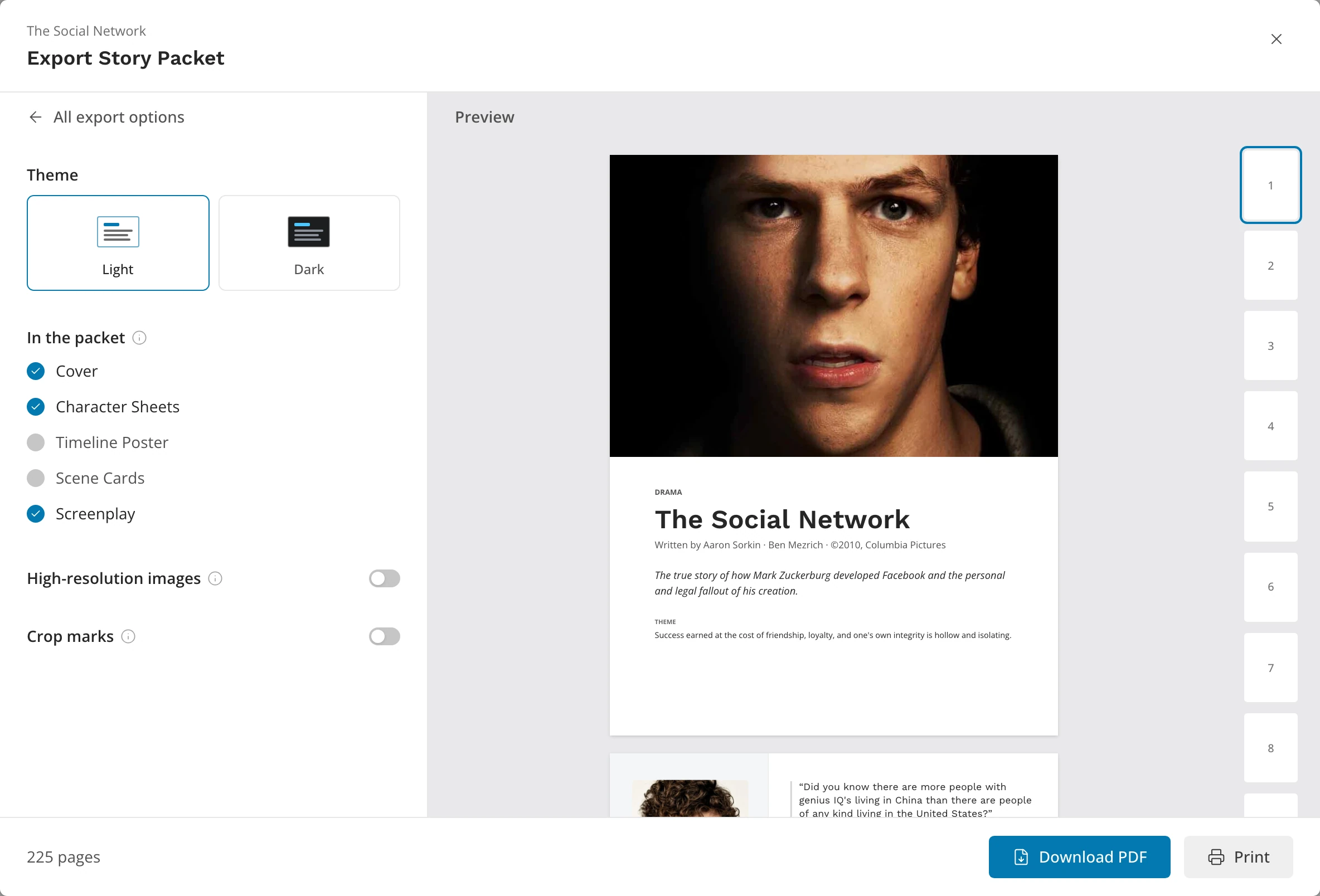 The Story Packet card: In the packet and Timeline and cards format on the left, the packet's cover in the preview