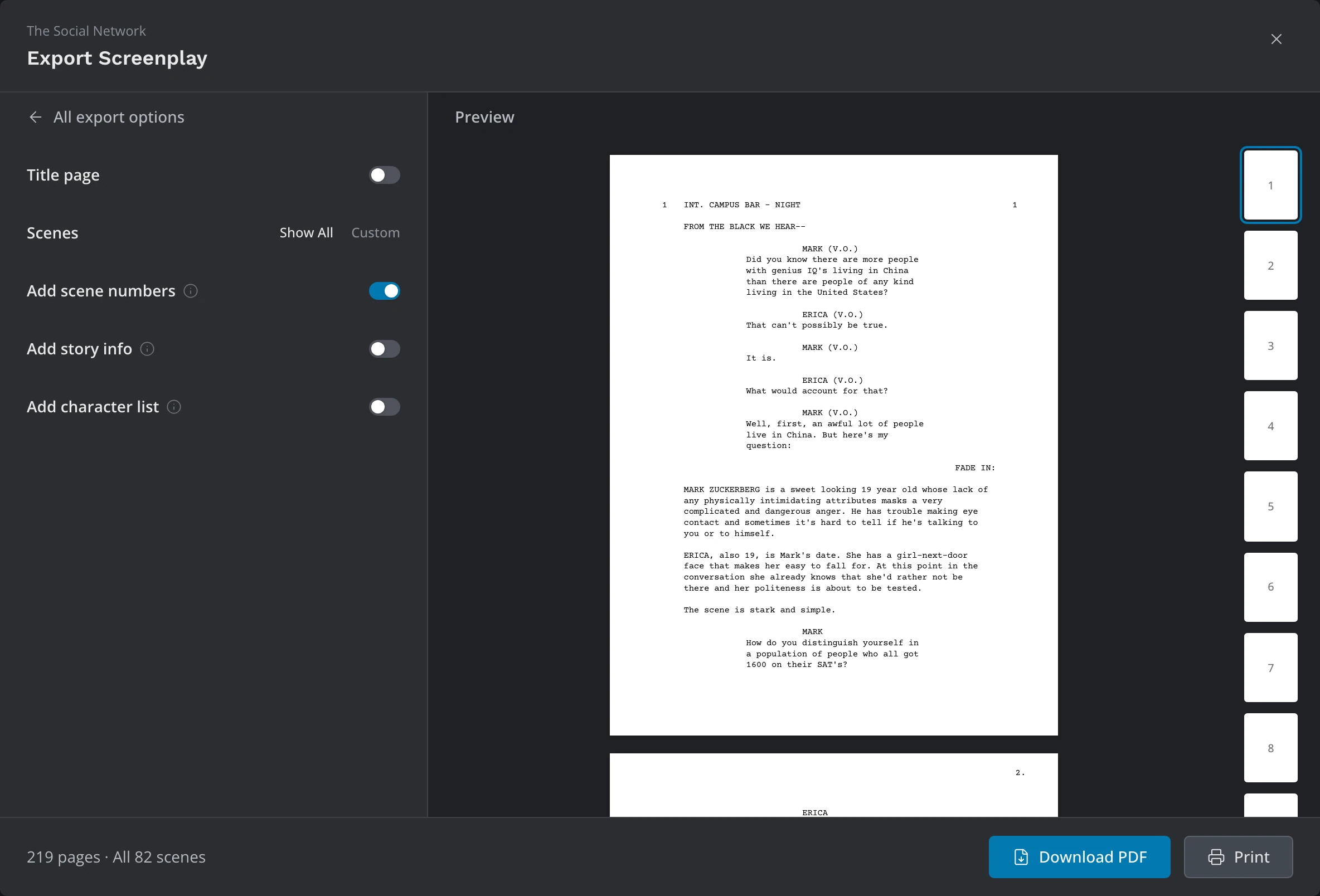 The Screenplay card: Title page, Scenes and the scene-number switches on the left, the title page in the preview with the page rail beside it, and Download PDF and Print in the bar