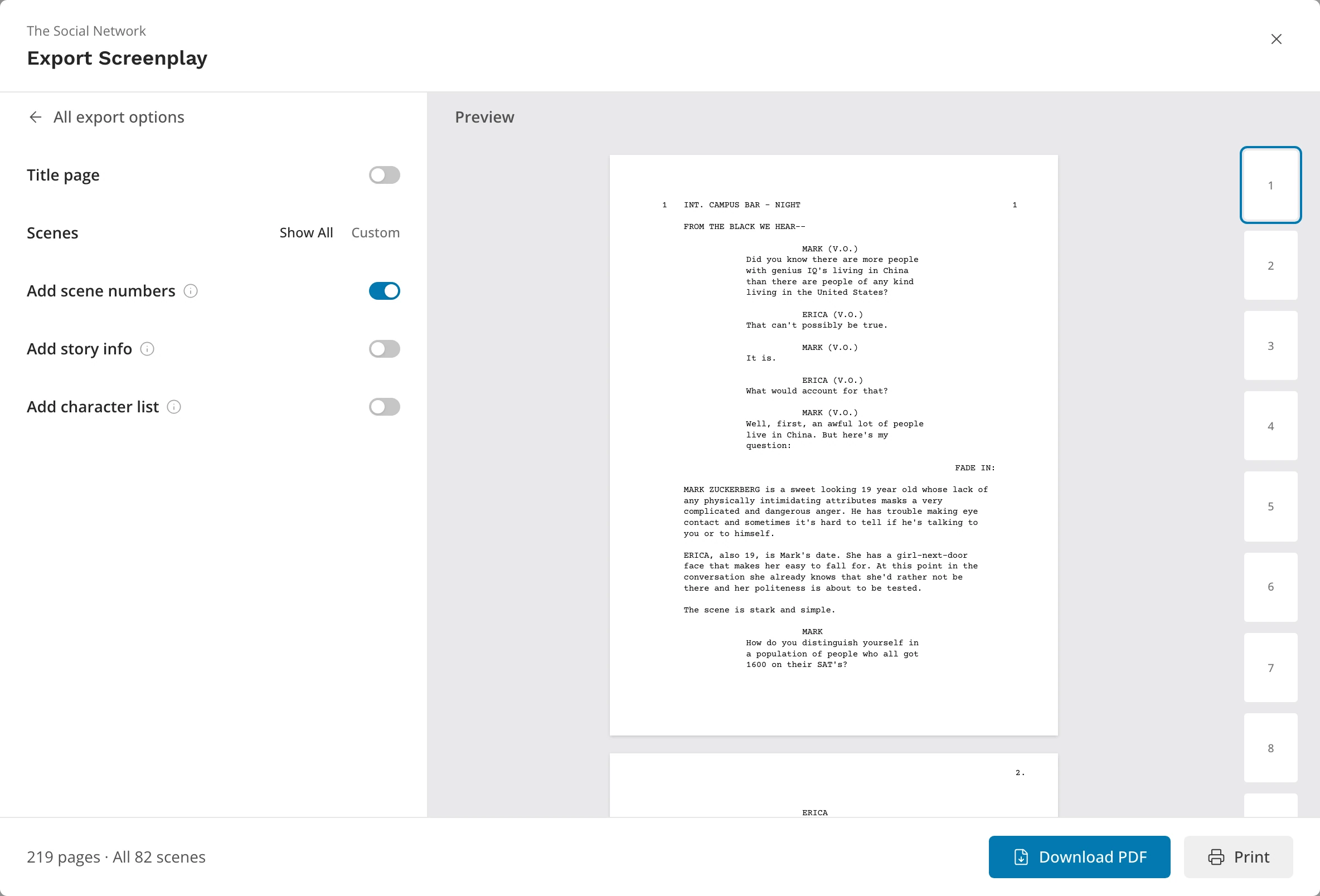 The Screenplay card: Title page, Scenes and the scene-number switches on the left, the title page in the preview with the page rail beside it, and Download PDF and Print in the bar