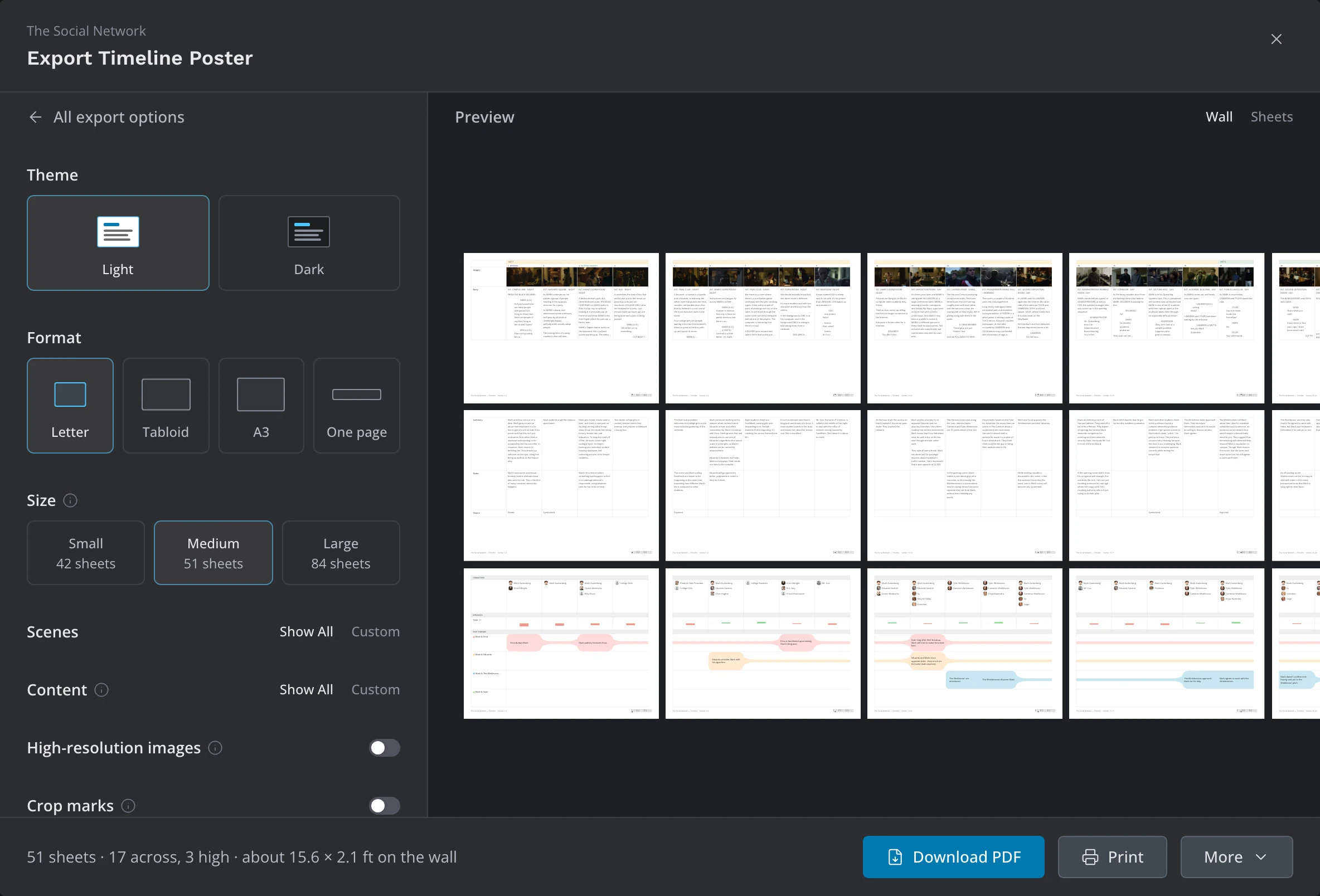 The Timeline Poster card: Theme, Format and Size on the left, the whole poster in the preview, and its size and the More button in the bar