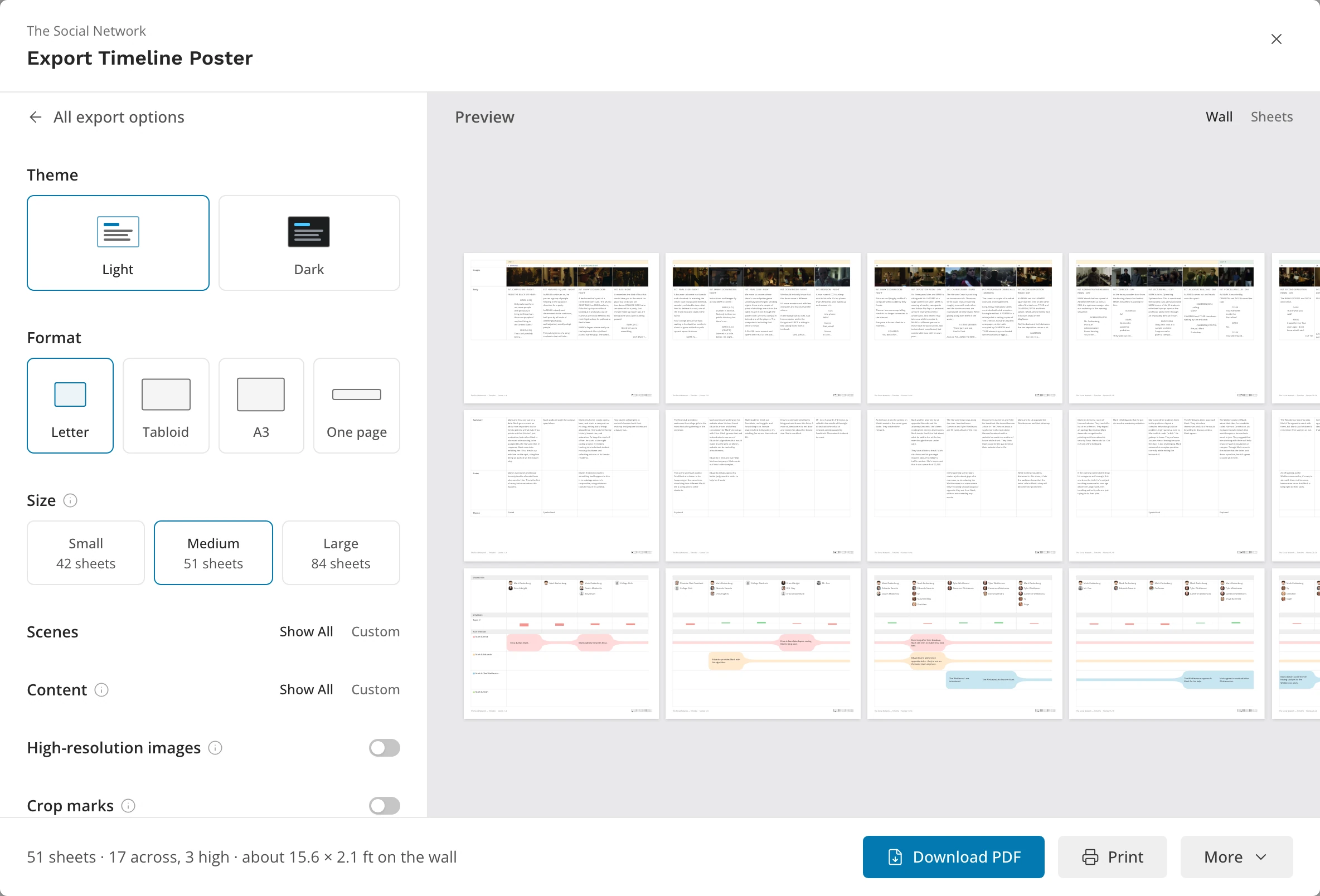 The Timeline Poster card: Theme, Format and Size on the left, the whole poster in the preview, and its size and the More button in the bar