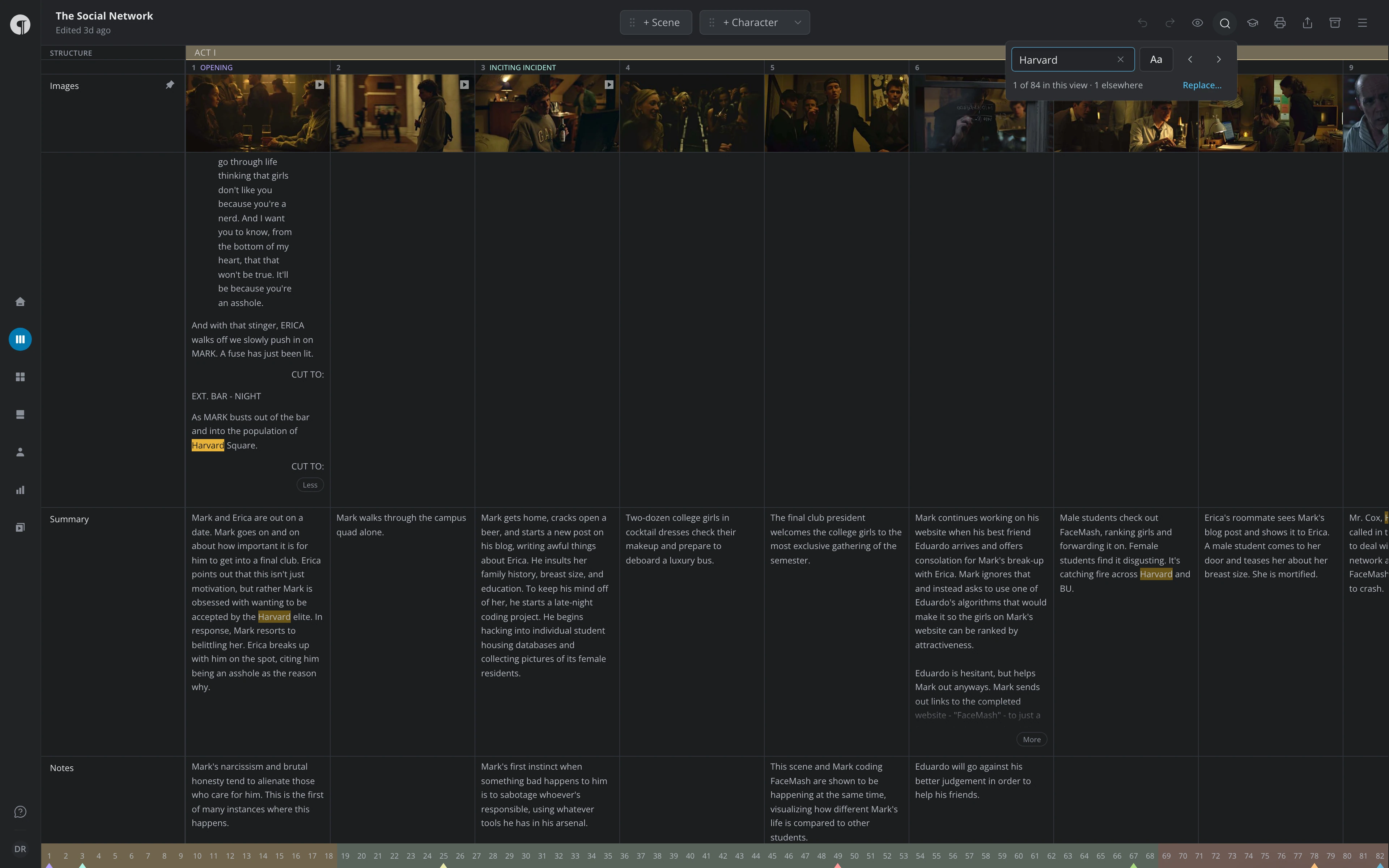 The Find box open on a search in the Timeline, with the count of matches and the matches highlighted in the scenes