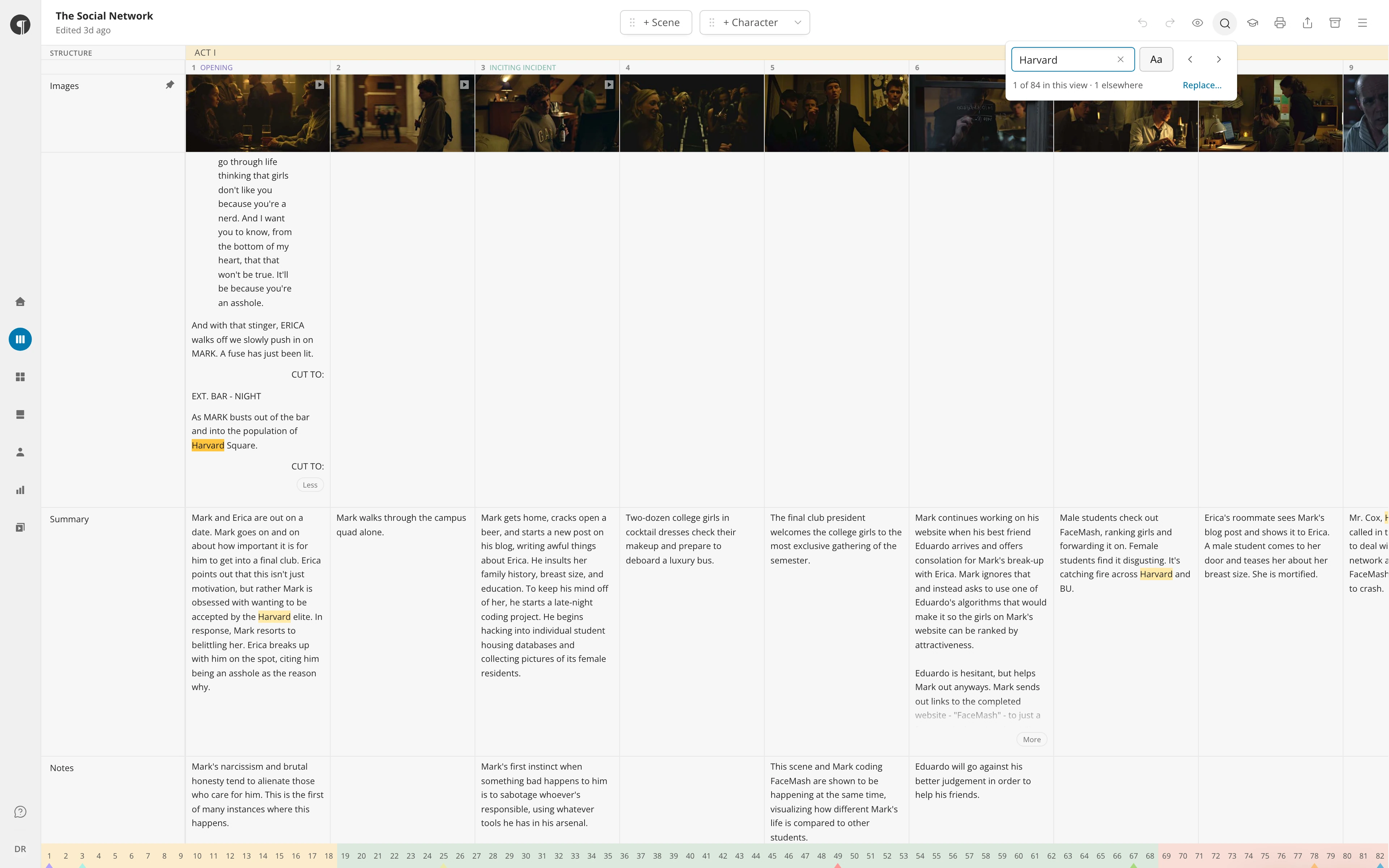 The Find box open on a search in the Timeline, with the count of matches and the matches highlighted in the scenes