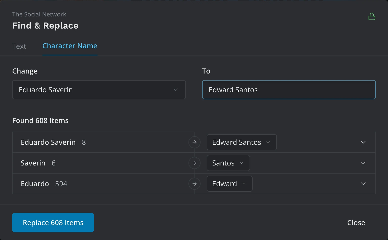 The Character Name tab: the character to rename, the new name, and the mentions grouped by form of the name, each with what it becomes