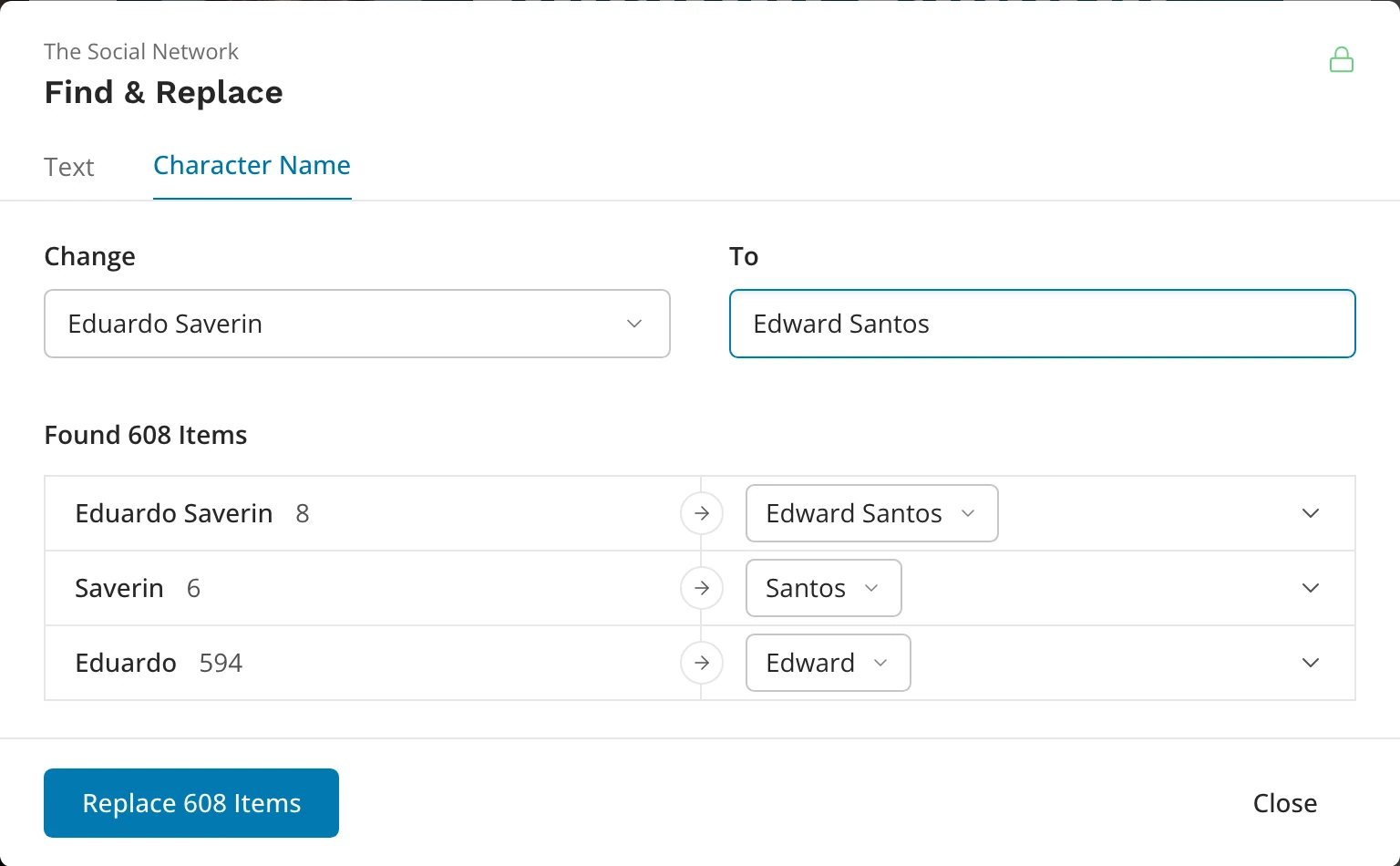 The Character Name tab: the character to rename, the new name, and the mentions grouped by form of the name, each with what it becomes