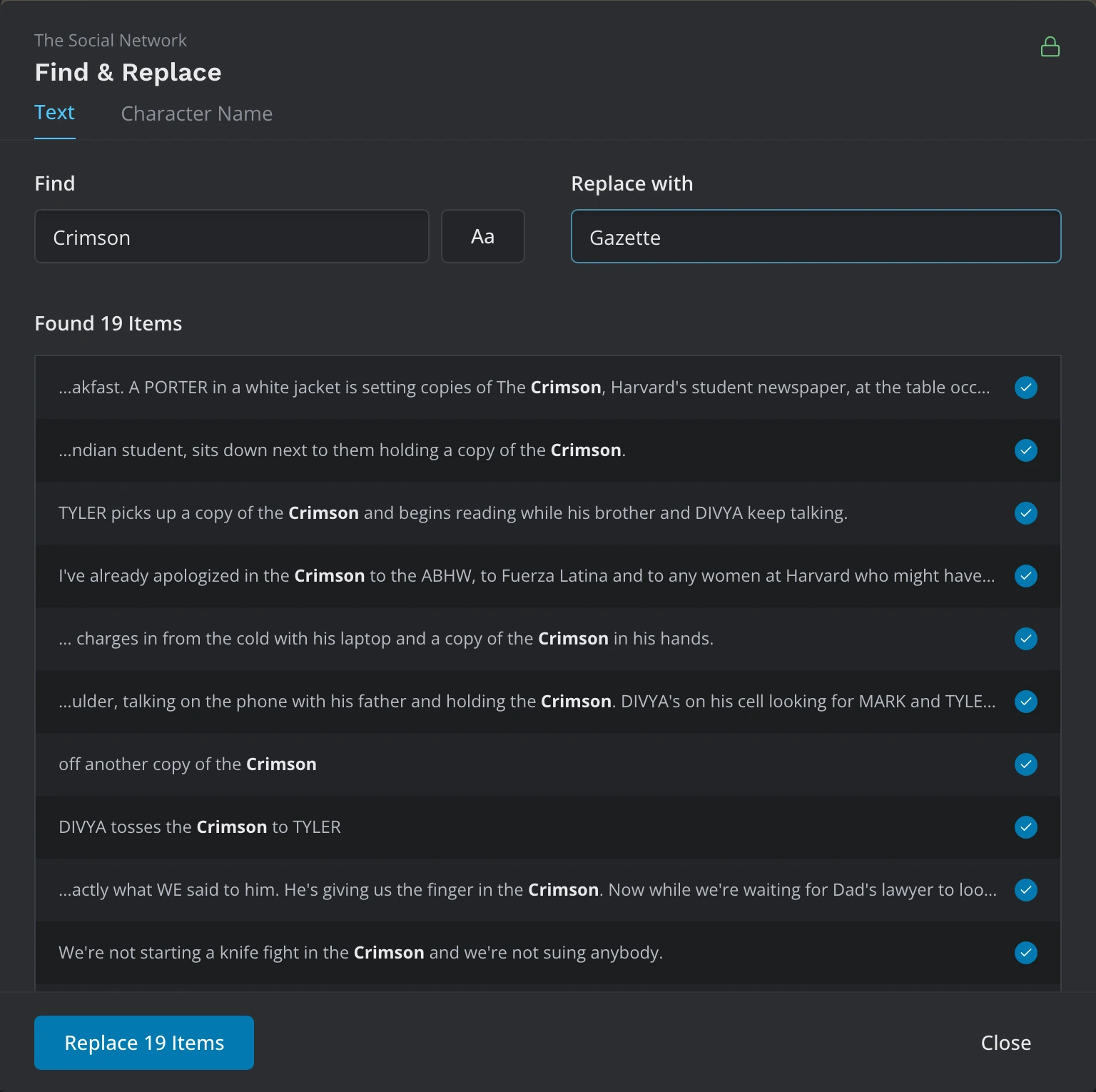 The Find & Replace window on its Text tab, with the search, the replacement, the list of matches and the Replace button